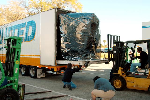 KENNEDY SPACE CENTER, FLA. -  At the Astrotech Space Operations processing facilities near KSC, NASA’s MESSENGER spacecraft from NASA’s Goddard Space Flight Center in Greenbelt, Md., is offloaded.  MESSENGER - short for MErcury Surface, Space ENvironment, GEochemistry and Ranging - will be taken into a high bay clean room and employees of the Johns Hopkins University Applied Physics Laboratory, builders of the spacecraft, will perform an initial state-of-health check.  Then processing for launch can begin, including checkout of the power systems, communications systems and control systems.  The thermal blankets will also be attached for flight.  MESSENGER will be launched May 11 on a six-year mission aboard a Boeing Delta II rocket.  Liftoff is targeted for 2:26 a.m. EDT on Tuesday, May 11.