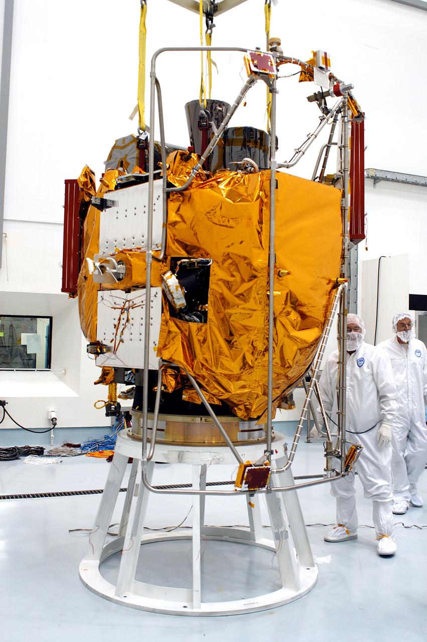 KENNEDY SPACE CENTER, FLA. -  At the Astrotech Space Operations processing facilities, NASA’s MESSENGER spacecraft is secure after transfer to the work stand. There employees of the Johns Hopkins University Applied Physics Laboratory, builders of the spacecraft, will perform an initial state-of-health check.  Then processing for launch can begin, including checkout of the power systems, communications systems and control systems.  The thermal blankets will also be attached for flight.  MESSENGER - short for MErcury Surface, Space ENvironment, GEochemistry and Ranging - will be launched May 11 on a six-year mission aboard a Boeing Delta II rocket.  Liftoff is targeted for 2:26 a.m. EDT on Tuesday, May 11.