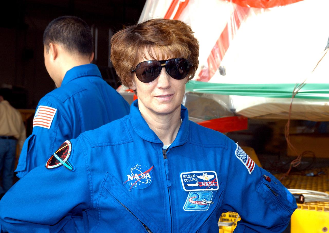 KENNEDY SPACE CENTER, FLA. -  In the SRB Assembly and Refurbishment Facility, STS-114 Commander Eileen Collins pauses for a photo.  The STS-114 crew is at KSC for familiarization with Shuttle and mission equipment. The mission is Logistics Flight 1, which is scheduled to deliver supplies and equipment, plus the external stowage platform, to the International Space Station.
