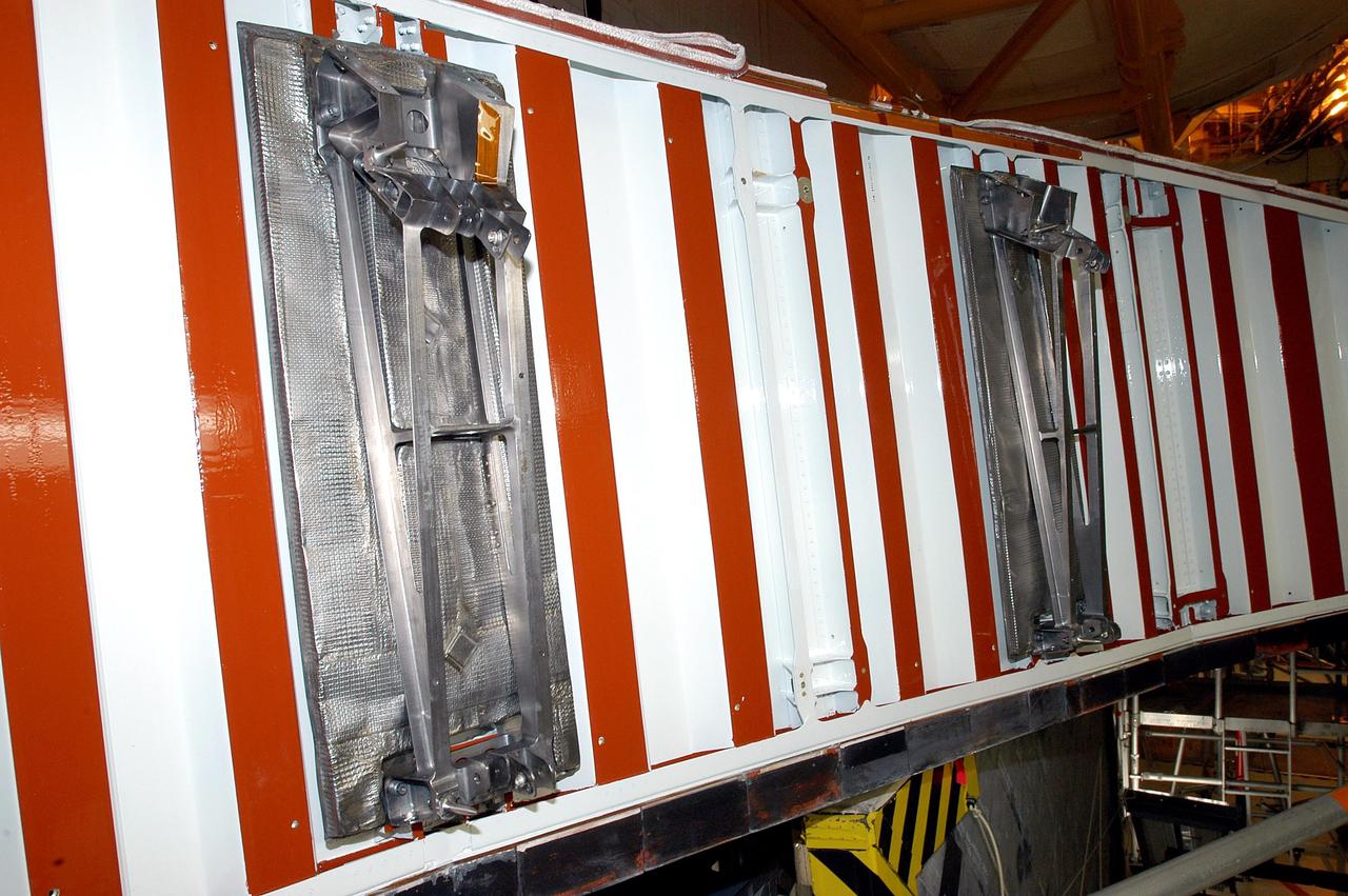 KENNEDY SPACE CENTER, FLA. -  In the Orbiter Processing Facility, the left wing leading edge on Discovery is ready for installation of the first Reinforced Carbon-Carbon panel.  The RCC panels are mechanically attached to the wing with spars, a series of floating joints to reduce loading on the panels caused by wing deflections. Discovery has been named as the orbiter to fly on the first Return to Flight mission, STS-114.