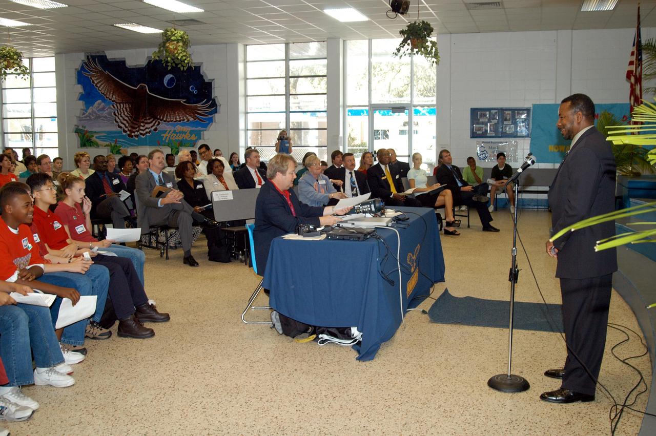 KENNEDY SPACE CENTER, FLA. - KSC Deputy Director Dr. Woodrow Whitlow Jr. shares the new vision for space exploration with the students, the next generation of explorers, at Howard Bishop Middle School in Gainesville, Fla. Whitlow talked about our destiny as explorers, NASA’s stepping stone approach to exploring Earth, the Moon, Mars and beyond, how space impacts our lives, and how people and machines rely on each other in space. The presentation also included a downlink from the International Space Station for students to ask questions of the Expedition 8 crew, Commander Michael Foale and Flight Engineer Alexander Kaleri. Howard Bishop Middle School is one of 50 nationwide (four in Florida) in the NASA Explorer Schools (NES) Program. NES establishes a three-year partnership between NASA and 50 NASA Explorer Schools teams, consisting of teachers and education administrators from diverse communities nationwide.