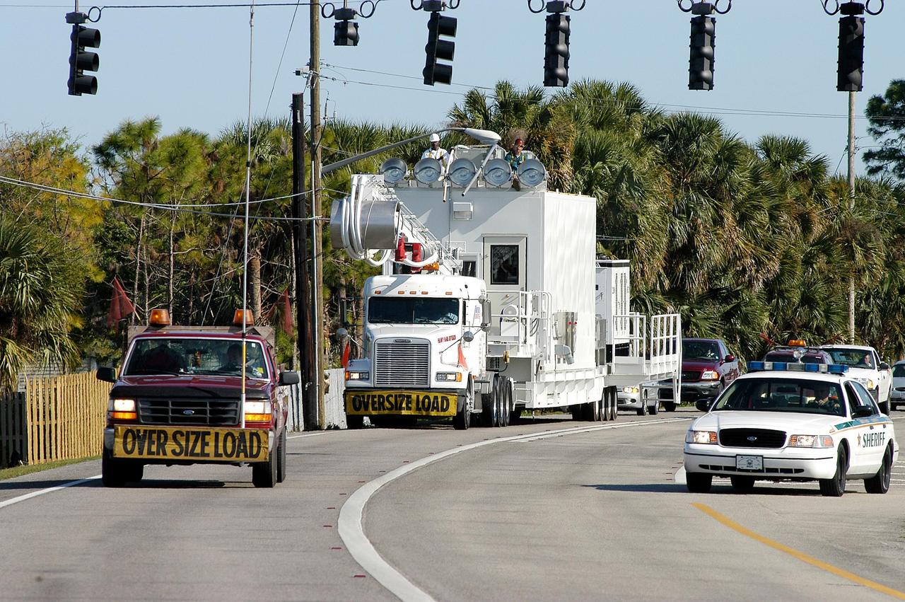 KENNEDY SPACE CENTER, FLA. -  A Universal Coolant Transporter (UCT), manufactured  in Sharpes, Fla., makes its way to Kennedy Space Center.  Replacing the existing ground cooling unit, the UCT is designed to service payloads for the Space Shuttle and International Space Station, and may be capable of servicing space exploration vehicles of the future.  It will provide ground cooling to the orbiter and returning payloads, such as science experiments requiring cold or freezing temperatures, during post-landing activities at the Shuttle Landing Facility and during transport of the payloads to other facilities.