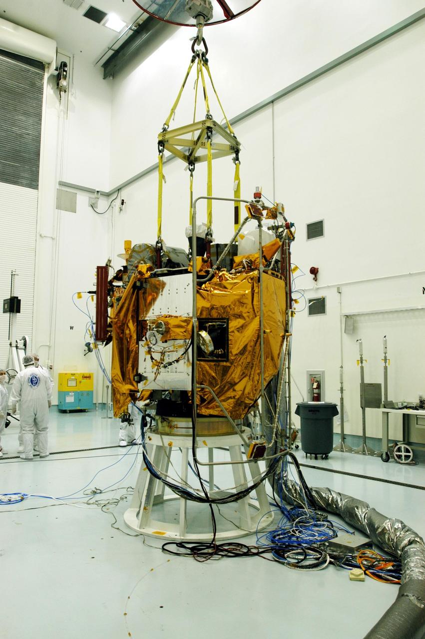 KENNEDY SPACE CENTER, FLA. -- At Astrotech Space Operations facilities near KSC, the Mercury Surface, Space Environment, Geochemistry and Ranging (MESSENGER) spacecraft is ready for lifting. It is being moved to a turnover fixture that will rotate it for prelaunch testing. Launch is scheduled for May 11 from Pad 17-B, Cape Canaveral Air Force Station. The spacecraft will fly past Venus three times and Mercury twice before starting a year-long orbital study of Mercury in July 2009.