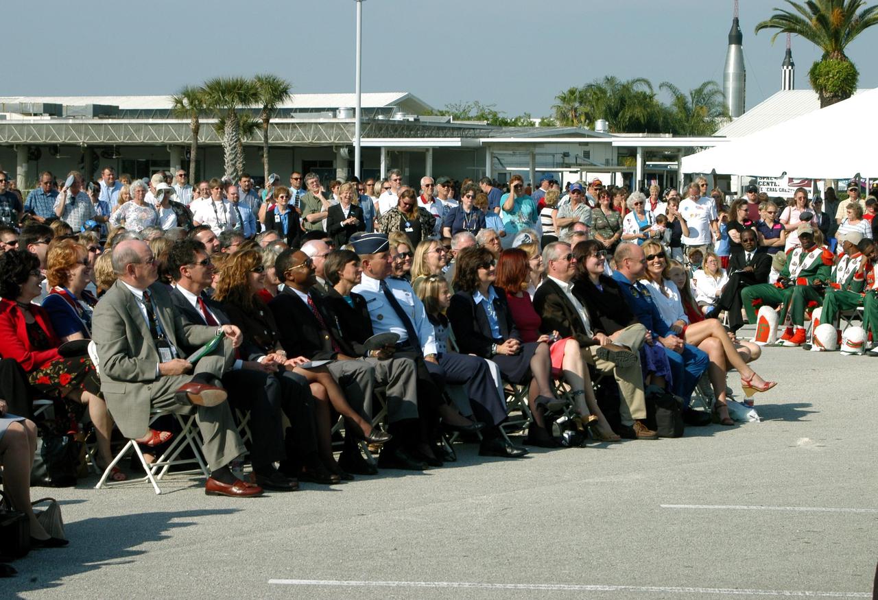KENNEDY SPACE CENTER, FLA. -- It is standing room only at the launching ceremony for the new Florida quarter held at the KSC Visitor Complex.  Emceed by Center Director Jim Kennedy, the event included comments by NASA Administrator Sean O’Keefe and Deputy Secretary of the Treasury Samuel W. Bodman.  The coin was presented by U.S. Mint Director Henrietta Holsman Fore and Florida Gov. Jeb Bush. The quarter celebrates Florida as a destination for explorers in the past, a launch site for future explorers into space and an inviting place for visitors today.
