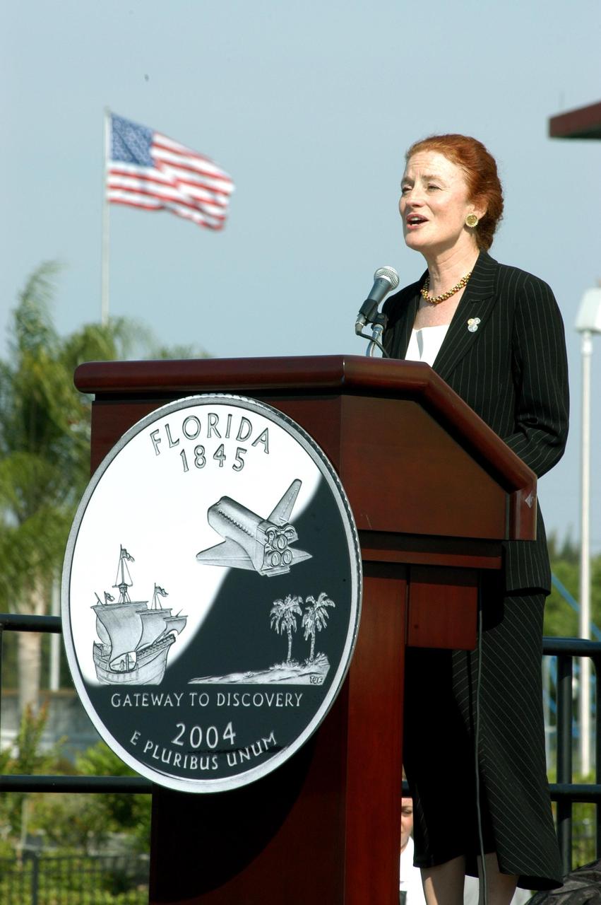 KENNEDY SPACE CENTER, FLA. -- U.S. Mint Director Henrietta Holsman Fore addresses the audience at a ceremony to launch the new Florida quarter, held at the KSC Visitor Complex. The quarter celebrates Florida as the gateway to discovery -- a destination for explorers in the past, a launch site for space explorers of the future, and an inviting place for visitors today.