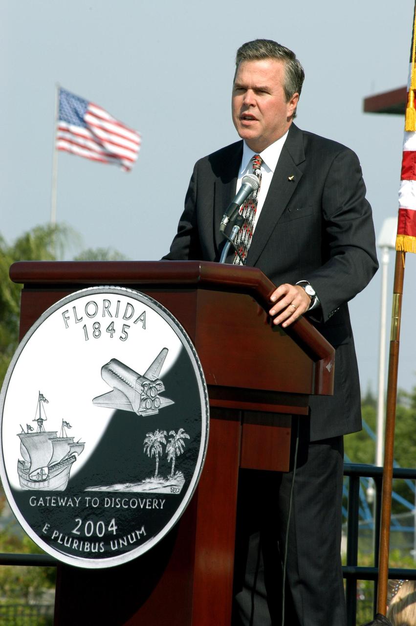 KENNEDY SPACE CENTER, FLA. -- Florida Gov. Jeb Bush expresses his support for the design of the new Florida quarter at its launch ceremony, held at the KSC Visitor Complex. The quarter celebrates Florida as the gateway to discovery -- a destination for explorers in the past, a launch site for space explorers of the future, and an inviting place for visitors today.