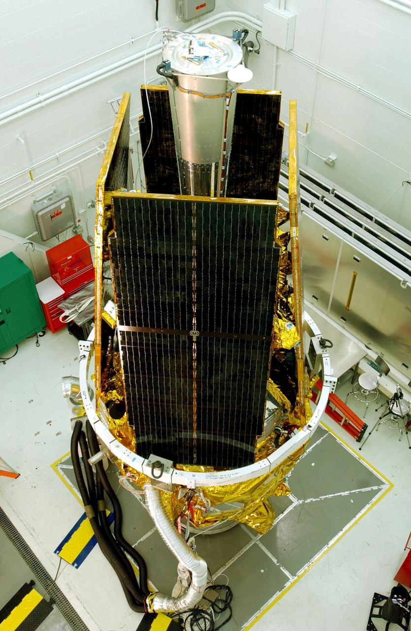 KENNEDY SPACE CENTER, FLA. --  The Gravity Probe B spacecraft is in NASA’s Payload Processing Facility 1610 on North Vandenberg Air Force Base in California after completion of prelaunch processing before going to the pad.  The spacecraft will be transported to Space Launch Complex 2 on April 1 and mated to the Boeing Delta II rocket.  Gravity Probe B consists of four sophisticated gyroscopes that will provide an almost perfect space-time reference system.  The mission will look in a precise manner for tiny changes in the direction of spin.  Gravity Probe B will be launched into a 400-nautical-mile-high polar orbit for a 16-month mission. Launch is scheduled for April 17.