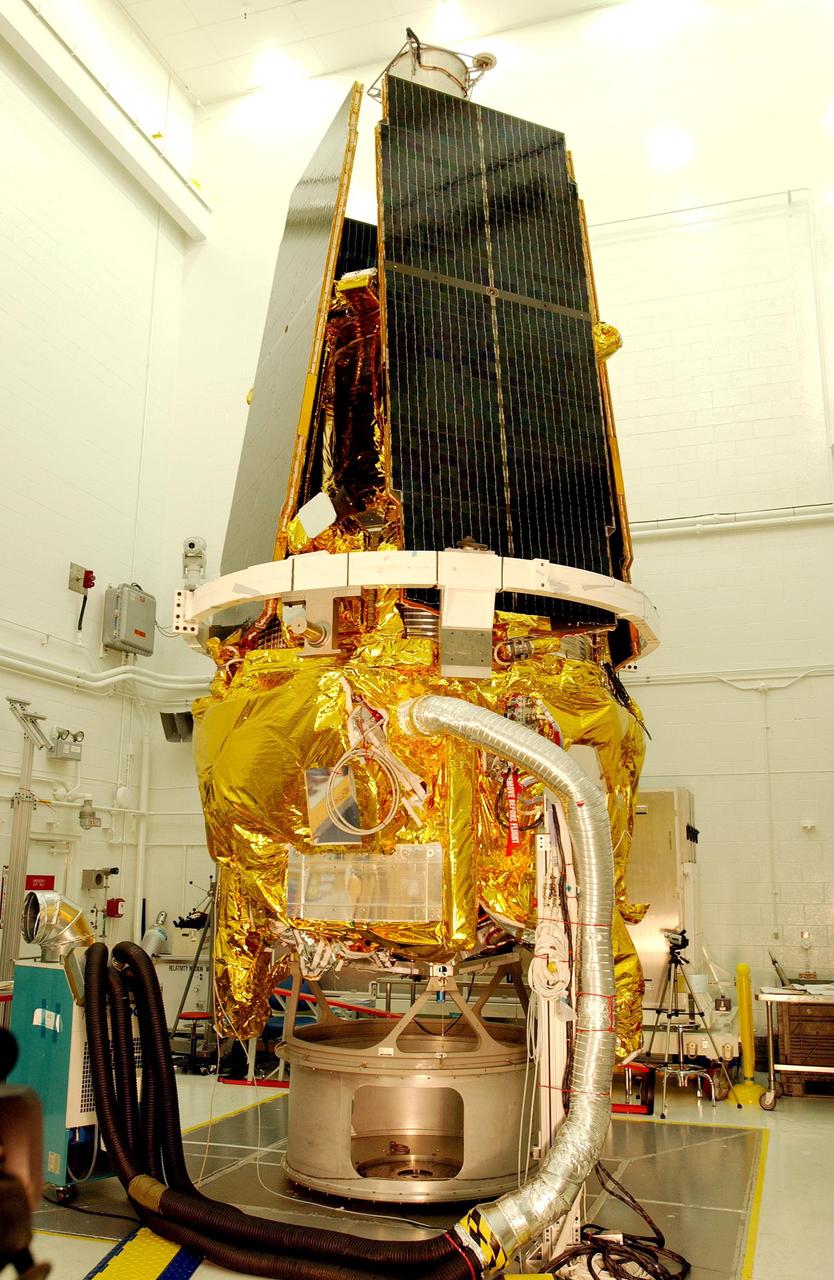 KENNEDY SPACE CENTER, FLA. --  The Gravity Probe B spacecraft is in NASA’s Payload Processing Facility 1610 on North Vandenberg Air Force Base in California after completion of prelaunch processing before going to the pad.  The spacecraft will be transported to Space Launch Complex 2 on April 1 and mated to the Boeing Delta II rocket.  Gravity Probe B consists of four sophisticated gyroscopes that will provide an almost perfect space-time reference system.  The mission will look in a precise manner for tiny changes in the direction of spin.  Gravity Probe B will be launched into a 400-nautical-mile-high polar orbit for a 16-month mission. Launch is scheduled for April 17.