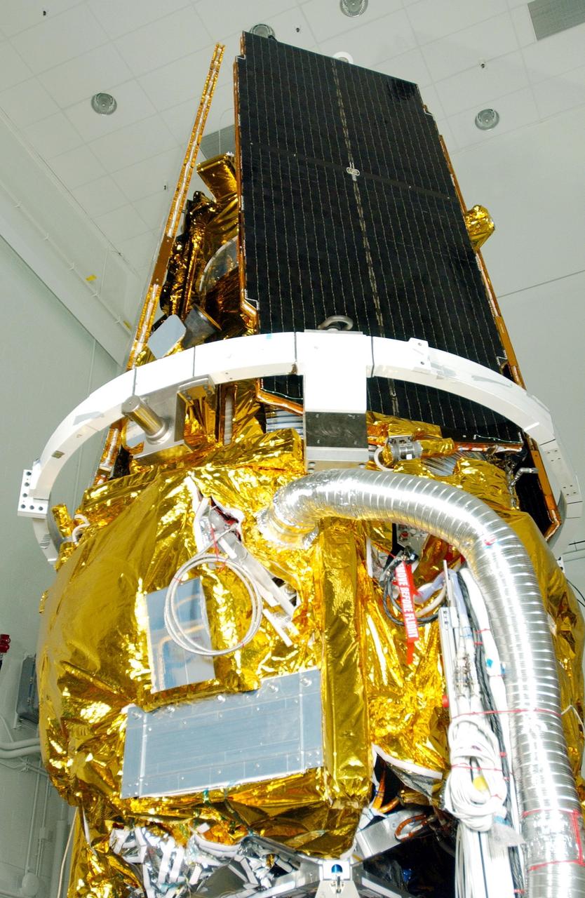 KENNEDY SPACE CENTER, FLA. --  A closeup of the Gravity Probe B spacecraft in NASA’s Payload Processing Facility 1610 on North Vandenberg Air Force Base in California after completion of prelaunch processing before going to the pad.  The spacecraft will be transported to Space Launch Complex 2 on April 1 and mated to the Boeing Delta II rocket.  Gravity Probe B consists of four sophisticated gyroscopes that will provide an almost perfect space-time reference system.  The mission will look in a precise manner for tiny changes in the direction of spin.  Gravity Probe B will be launched into a 400-nautical-mile-high polar orbit for a 16-month mission. Launch is scheduled for April 17.