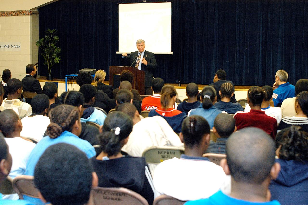 KENNEDY SPACE CENTER, FLA. -  Center Director Jim Kennedy talks to students and faculty at Ralph Bunche Middle School, a NASA Explorer School, in Atlanta, Ga.  Kennedy is visiting NES sites to share America’s new vision for space exploration with the next generation of explorers. He was accompanied by astronaut Rick Linnehan on the visit.  The purpose of the school visit is to talk with students about our destiny as explorers, NASA’s stepping stone approach to exploring Earth, the Moon, Mars and beyond, how space impacts our lives, and how people and machines rely on each other in space.