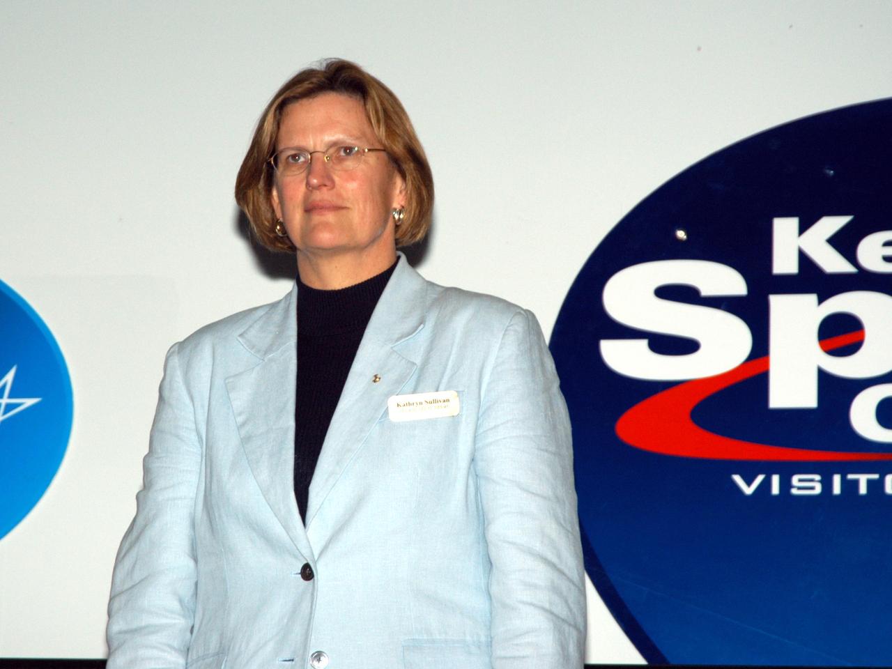 KENNEDY SPACE CENTER, FLA. -- At the Kennedy Space Center Visitor Complex, Dr. Kathryn D. Sullivan, the first American woman to walk in space, is inducted into the U.S. Astronaut Hall of Fame.  Also chosen for this honor in 2004 are Richard O. Covey, commander of the Hubble Space Telescope repair mission; Frederick D. Gregory, the first African-American to command a space mission; Norman E. Thagard, the first American to occupy Russia's Mir space station; and the late Francis R. "Dick" Scobee, commander of the ill-fated 1986 Challenger mission. The U.S. Astronaut Hall of Fame opened in 1990 to provide a place where space travelers could be remembered for their participation and accomplishments in the U.S. space program. To be eligible for induction, an individual must have been a U.S. citizen, a NASA astronaut, and out of the active astronaut corps at least five years. The five inductees join 52 previously honored astronauts from the ranks of the Gemini, Apollo, Skylab, Apollo-Soyuz, and Space Shuttle programs.