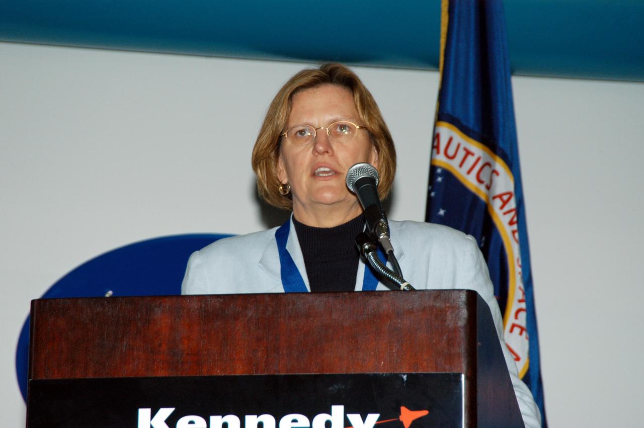 KENNEDY SPACE CENTER, FLA. -- At the Kennedy Space Center Visitor Complex, Dr. Kathryn D. Sullivan, the first American woman to walk in space, is inducted into the U.S. Astronaut Hall of Fame. Also chosen for this honor in 2004 are Richard O. Covey, commander of the Hubble Space Telescope repair mission; Frederick D. Gregory, the first African-American to command a space mission; Norman E. Thagard, the first American to occupy Russia's Mir space station; and the late Francis R. "Dick" Scobee, commander of the ill-fated 1986 Challenger mission. The U.S. Astronaut Hall of Fame opened in 1990 to provide a place where space travelers could be remembered for their participation and accomplishments in the U.S. space program. To be eligible for induction, an individual must have been a U.S. citizen, a NASA astronaut, and out of the active astronaut corps at least five years. The five inductees join 52 previously honored astronauts from the ranks of the Gemini, Apollo, Skylab, Apollo-Soyuz, and Space Shuttle programs.