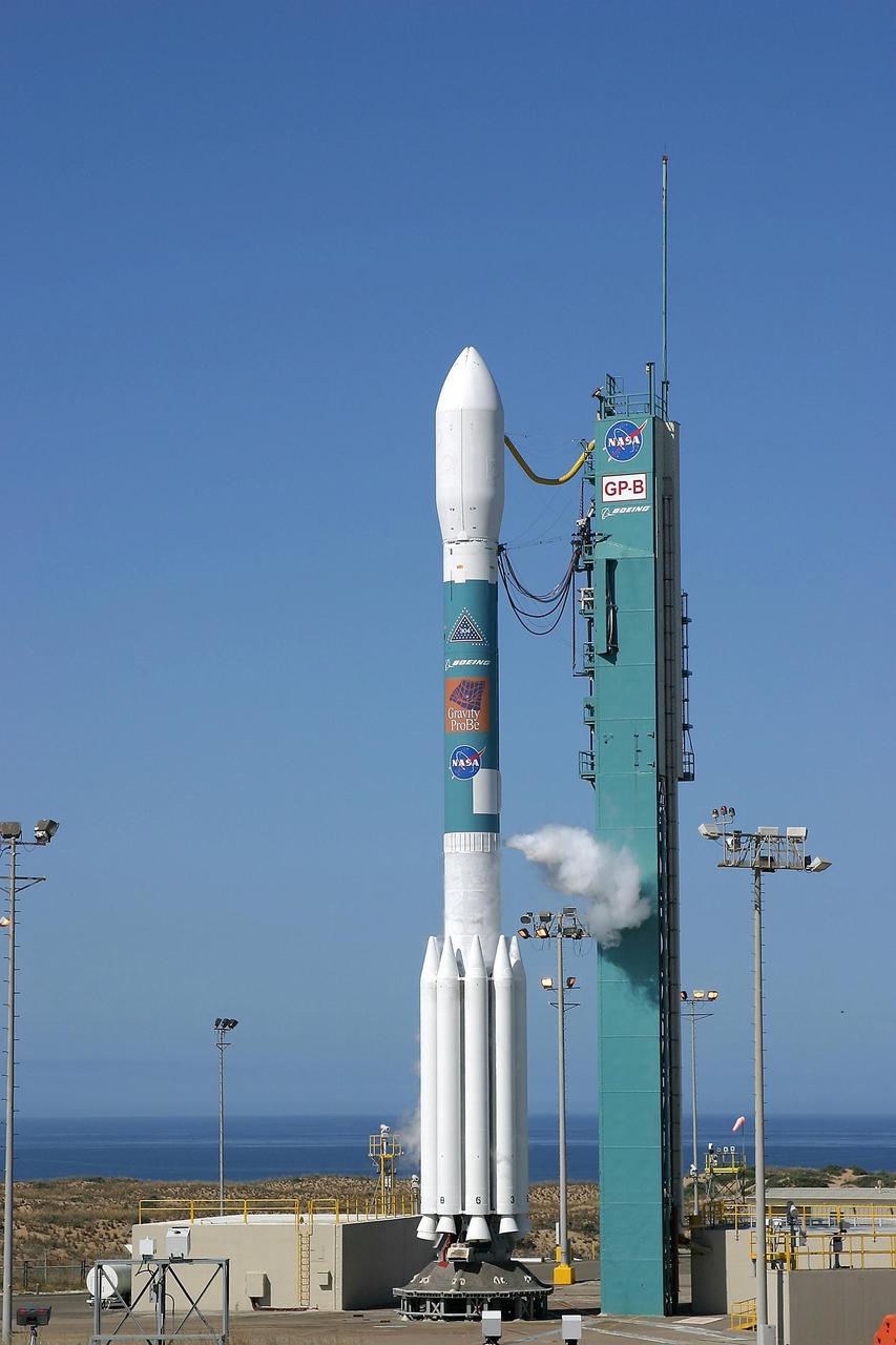 KENNEDY SPACE CENTER, FLA. -- This photo of the Delta II rocket carrying the Gravity Probe B spacecraft was taken minutes before launch from Space Launch Complex 2 on Vandenberg AFB, Calif., at 9:57:24 a.m. PDT.