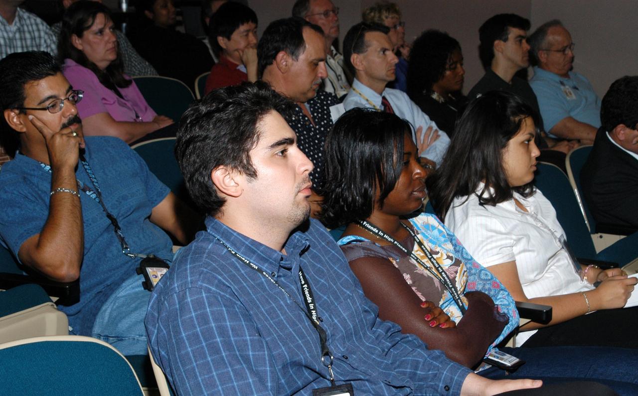 KENNEDY SPACE CENTER, FLA. -- KSC employees assemble in the Training Auditorium for a Culture Change Process All Hands Meeting. The purpose of the meeting was for employees to gain further insight into the Agency’s Vision for Space Exploration and the direction cultural change will take at KSC in order to assume its role within this vision. Panel members included James W. Kennedy, KSC director; Jim Jennings, Deputy Associate Administrator for Institutions and Asset Management; Lynn Cline, Deputy Associate Administrator for Space Flight; Bob Sieck, former Director of Space Shuttle Processing at KSC; and Jim Wetherbee, astronaut and Technical Assistant to the Director of Safety and Mission Assurance at the Johnson Space Center. Following their remarks, members of the panel entertained questions and comments from the audience.