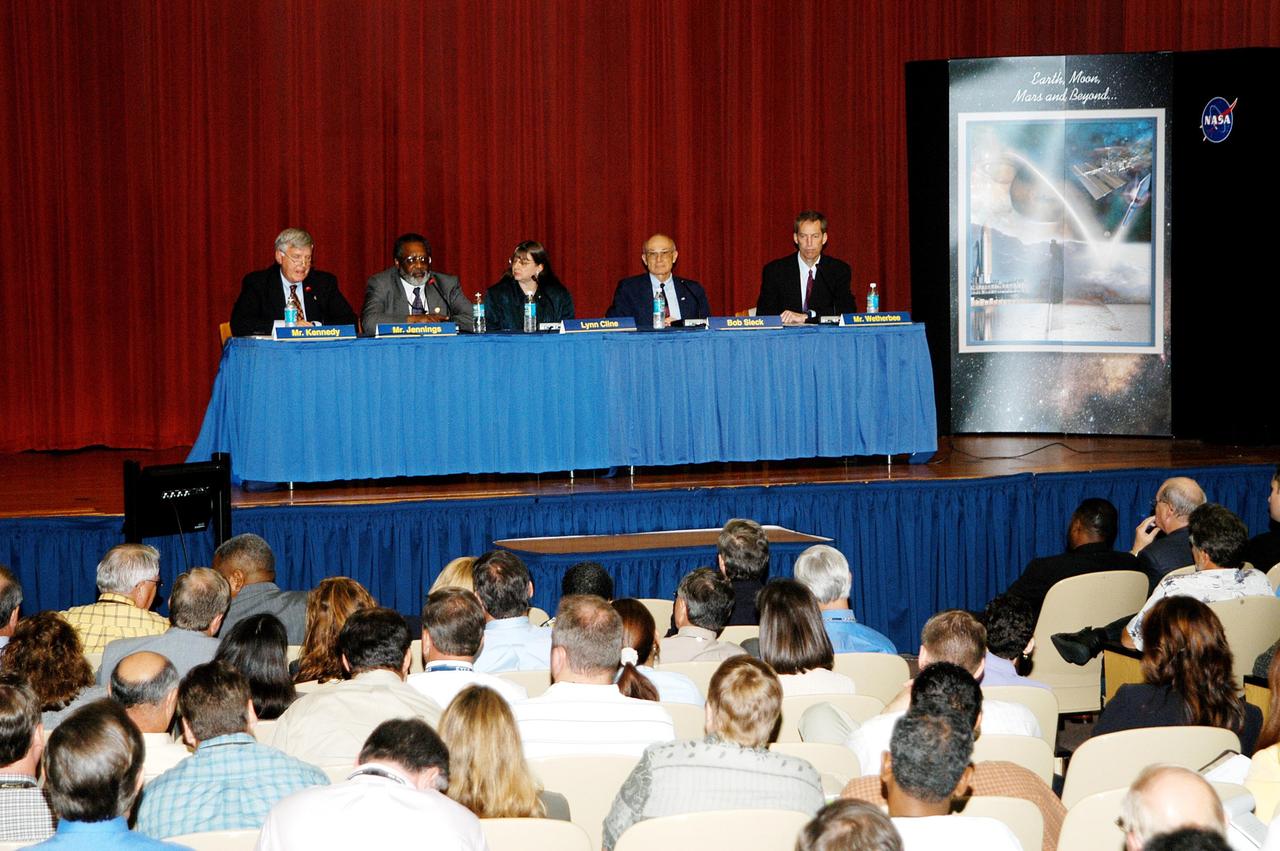 KENNEDY SPACE CENTER, FLA. -- The panel members participating in the Culture Change Process All Hands Meeting entertain questions and comments from the audience assembled in the Training Auditorium. From left, they are James W. Kennedy, KSC director; Jim Jennings, Deputy Associate Administrator for Institutions and Asset Management; Lynn Cline, Deputy Associate Administrator for Space Flight; Bob Sieck, former Director of Space Shuttle Processing at KSC; and Jim Wetherbee, astronaut and Technical Assistant to the Director of Safety and Mission Assurance at Johnson Space Center. The purpose of the meeting was for employees to gain further insight into the Agency’s Vision for Space Exploration and the direction cultural change will take at KSC in order to assume its role within this vision.