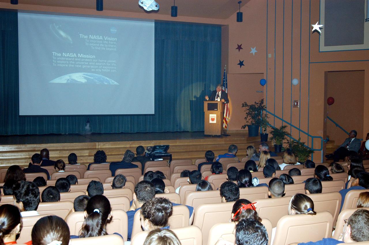 KENNEDY SPACE CENTER, FLA. -- Center Director Jim Kennedy addresses students and faculty of Howard A. Doolin Middle School, Miami, Fla. Doolin Middle School is one of 100 to take part in the NASA Explorer Schools (NES) program. Kennedy is visiting Explorer Schools in Florida and Georgia to share America’s new vision for space exploration with the next generation of explorers. He is talking with students, about our destiny as explorers, NASA’s stepping stone approach to exploring Earth, the Moon, Mars and beyond, how space impacts our lives, and how people and machines rely on each other in space.
