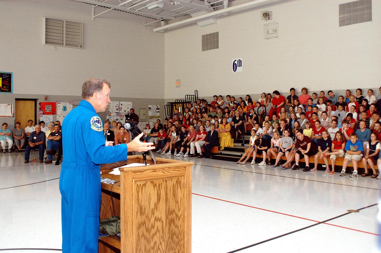 KENNEDY SPACE CENTER, FLA. -- Astronaut Dom Gorie shares his experiences in space with the students and faculty at Trojan Intermediate School in Potosi, Mo.  Students from three area schools — Potosi High School, John Evans Middle School and Trojan — are on a team taking part in NASA’s Explorer Schools program.  Gorie is accompanying KSC Deputy Director Dr. Woodrow Whitlow on the visit to share America’s new vision for space exploration with the next generation of explorers. They are talking with students about our destiny as explorers, NASA’s stepping stone approach to exploring Earth, the Moon, Mars and beyond, how space impacts our lives, and how people and machines rely on each other in space.