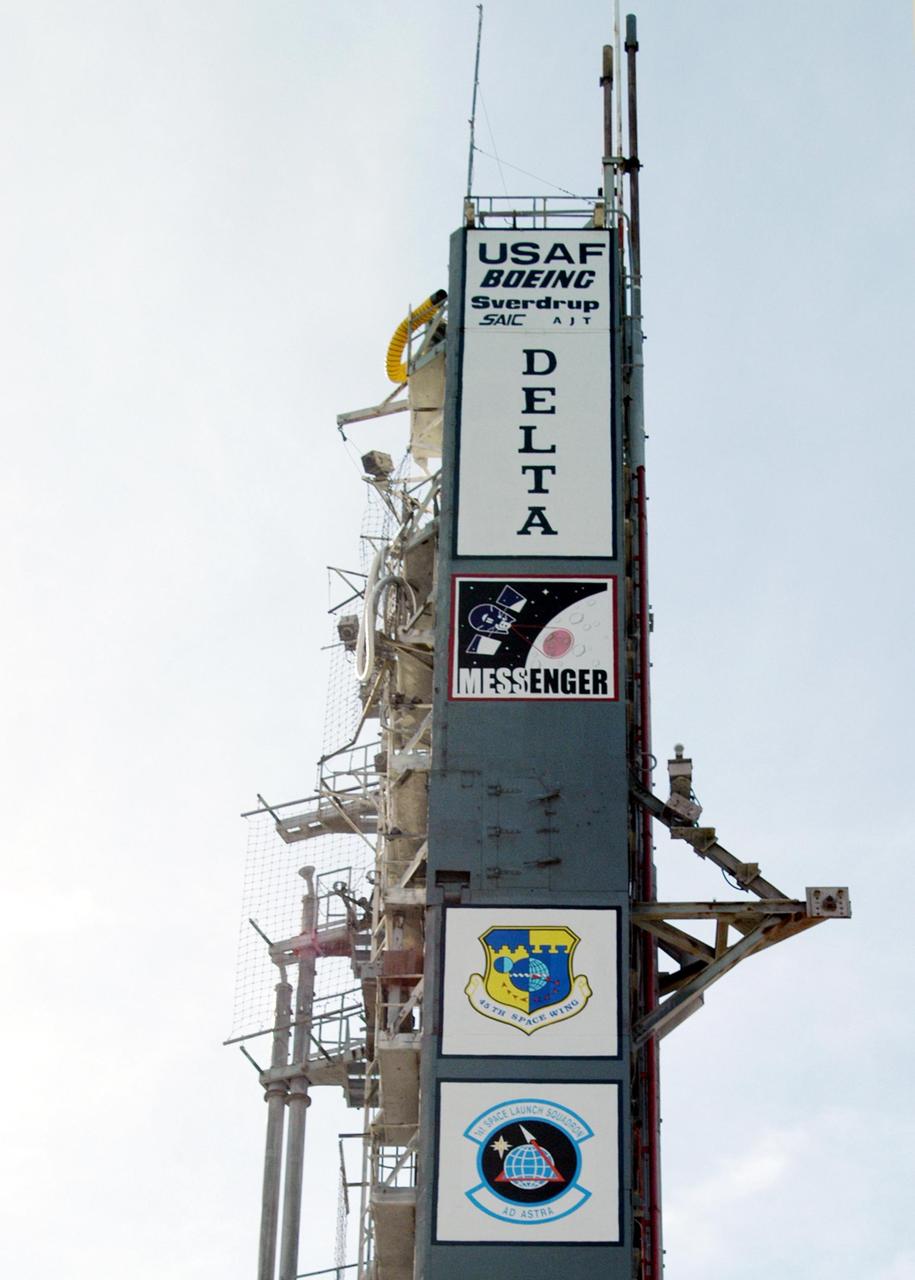 KENNEDY SPACE CENTER, FLA. - The signs on the side of this launch tower on Pad 17-B, Cape Canaveral Air Force Station, show the type of vehicle and payload to be launched from there. The Delta II is the launch vehicle for the MESSENGER spacecraft, scheduled to lift off Aug. 2, bound for Mercury. The spacecraft is expected to reach orbit around Mercury in March 2011. MESSENGER was built for NASA by the Johns Hopkins University Applied Physics Laboratory in Laurel, Md.