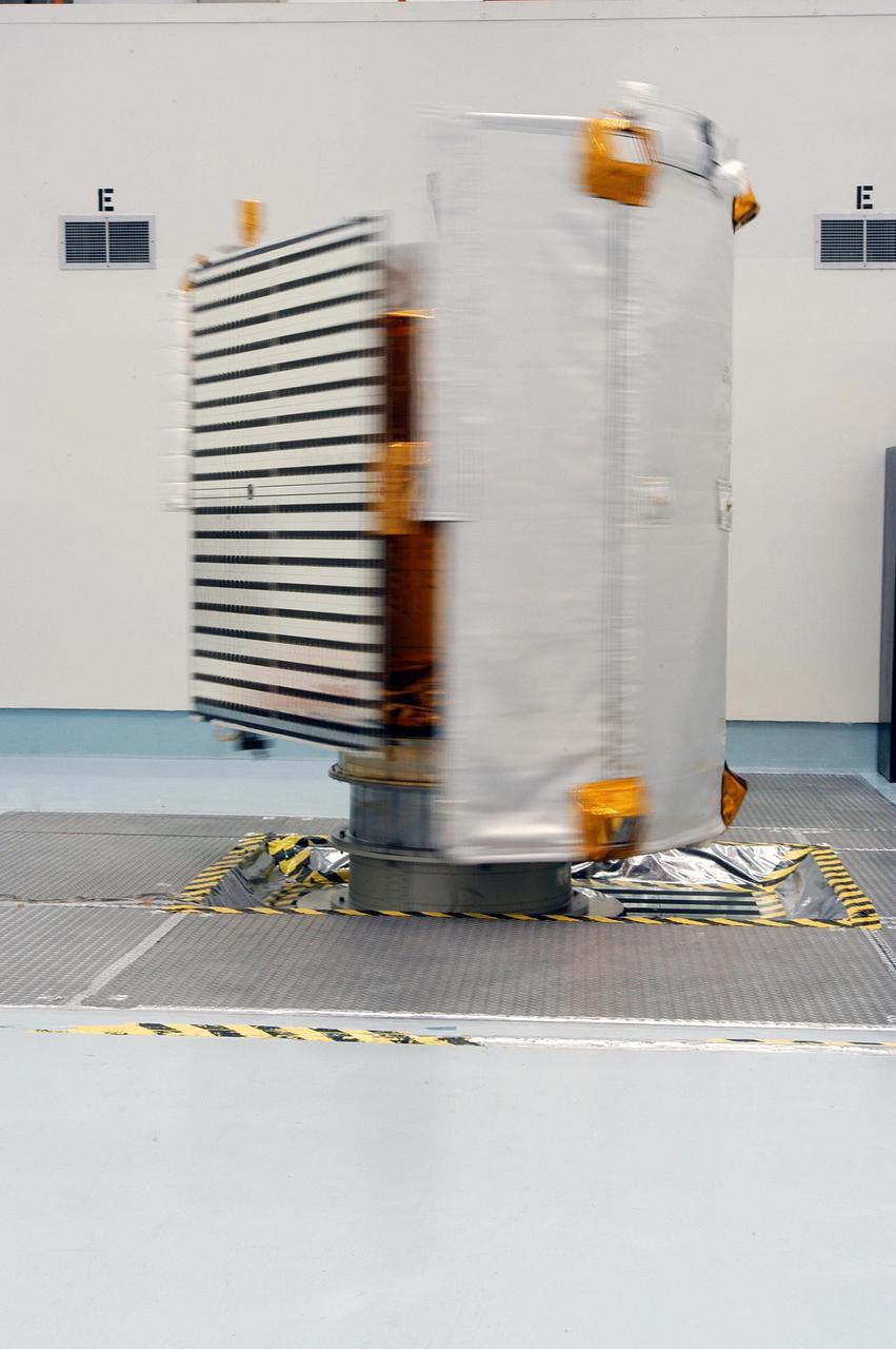 KENNEDY SPACE CENTER, FLA. -  The MESSENGER (Mercury Surface, Space Environment, Geochemistry and Ranging) spacecraft spins during testing on the spin table at Astrotech Space Operations in Titusville, Fla.  MESSENGER is scheduled to lift off Aug. 2 from Pad 17-B at Cape Canaveral Air Force Station. It is expected to reach orbit around Mercury in March 2011.  MESSENGER was built for NASA by the Johns Hopkins University Applied Physics Laboratory in Laurel, Md.