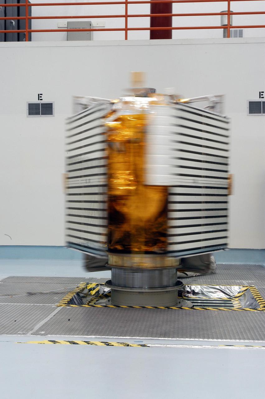 KENNEDY SPACE CENTER, FLA. -  The MESSENGER (Mercury Surface, Space Environment, Geochemistry and Ranging) spacecraft is spin-tested during testing on the spin table at Astrotech Space Operations in Titusville, Fla.  MESSENGER is scheduled to lift off Aug. 2 from Pad 17-B at Cape Canaveral Air Force Station. It is expected to reach orbit around Mercury in March 2011.  MESSENGER was built for NASA by the Johns Hopkins University Applied Physics Laboratory in Laurel, Md.