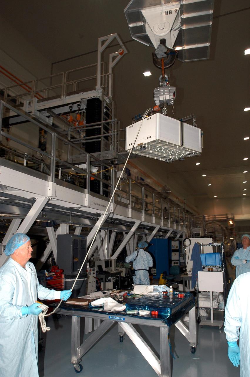 KENNEDY SPACE CENTER, FLA. - In the Space Station Processing Facility, a technician steadies the Pump Flow Control Subsystem (PFCS) as it is lifted and moved toward the S6 Truss. The PFCS pumps and controls the liquid ammonia used to cool the various Orbital Replacement Units on the Integrated Equipment Assembly that make up the S6 Photo-Voltaic Power Module on the International Space Station (ISS). The fourth starboard truss segment, the S6 Truss measures 112 feet long by 39 feet wide. Its solar arrays are mounted on a “blanket” that can be folded like an accordion for delivery to the ISS. Once in orbit, astronauts will deploy the blankets to their full size. When completed, the Station's electrical power system (EPS) will use eight photovoltaic solar arrays to convert sunlight to electricity. Delivery of the S6 Truss, the last power module truss segment, is targeted for mission STS-119.