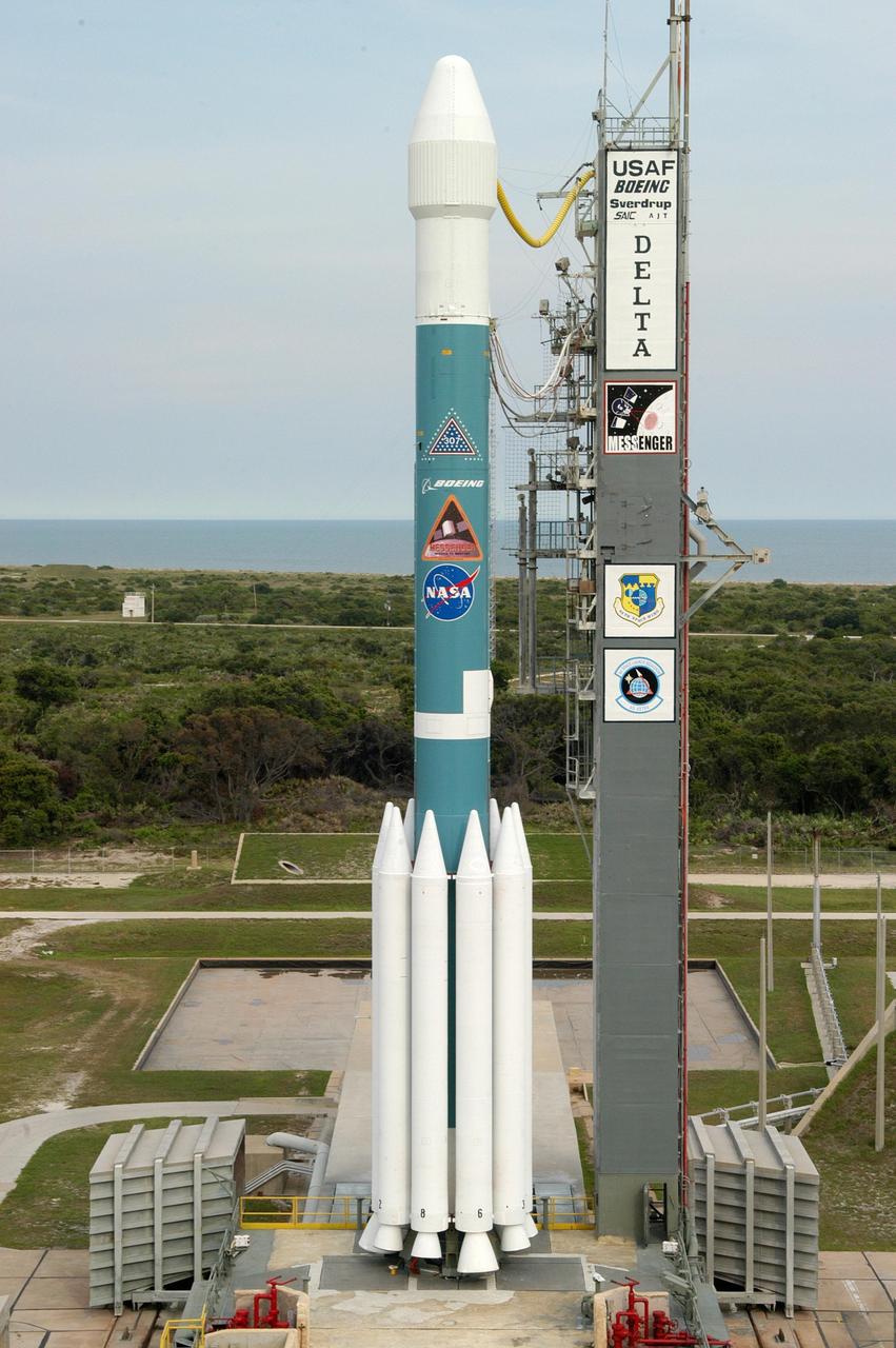KENNEDY SPACE CENTER, FLA. - The Boeing Delta II rocket with the Mercury Surface, Space Environment, Geochemistry and Ranging (MESSENGER) spacecraft aboard is ready for launch on a seven-year journey to the planet Mercury. This is the second launch attempt in two days after the first attempt Aug. 2 was postponed due to lightning potential from residual clouds that were associated with Tropical Storm Alex. The launch of MESSENGER is rescheduled for this date at 2:15:56 a.m. EDT at the opening of a 12-second launch window. MESSENGER will fly by Earth, Venus and Mercury several times to burn off energy before making its final approach to the inner planet on March 18, 2011. MESSENGER was built for NASA by the Johns Hopkins University Applied Physics Laboratory in Laurel, Md.