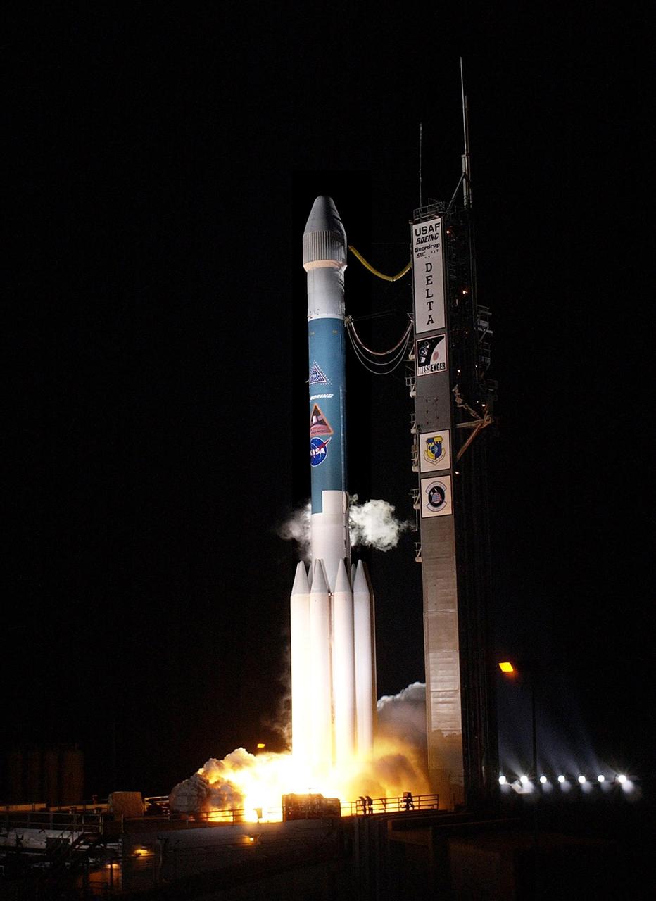KENNEDY SPACE CENTER, FLA. - The MESSENGER spacecraft atop a Boeing Delta II rocket lifts off on time at 2:15:56 a.m. EDT, from Launch Pad 17-B, Cape Canaveral Air Force Station. MESSENGER (Mercury Surface, Space Environment, Geochemistry and Ranging) is on a seven-year, 4.9-billion-mile journey to the planet Mercury. The spacecraft will fly by Earth, Venus and Mercury several times, as well as circling the sun 15 times, to burn off energy before making its final approach to the inner planet on March 18, 2011. MESSENGER was built for NASA by the Johns Hopkins University Applied Physics Laboratory in Laurel, Md.