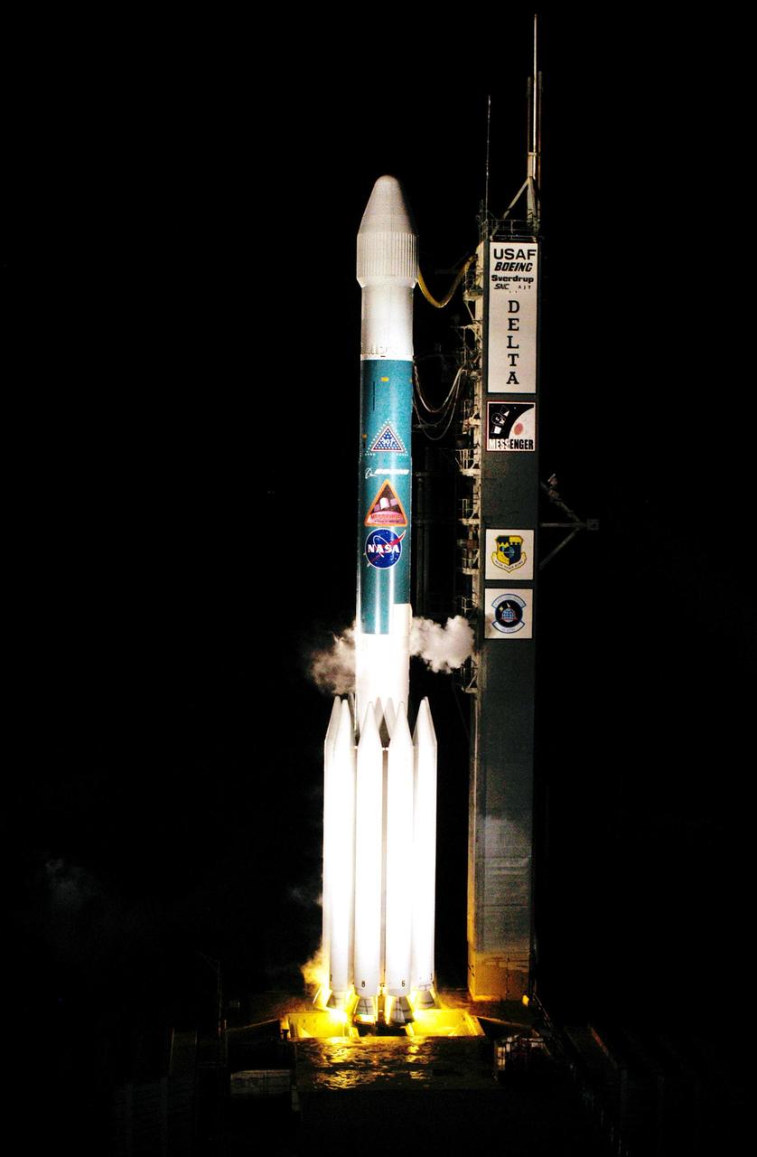 KENNEDY SPACE CENTER, FLA. - A glow appears beneath the Boeing Delta II rocket as it begins liftoff with its payload, the MESSENGER spacecraft, on top. Liftoff occurred on time at 2:15:56 a.m. EDT from Launch Pad 17-B, Cape Canaveral Air Force Station. MESSENGER (Mercury Surface, Space Environment, Geochemistry and Ranging) is on a seven-year, 4.9-billion-mile journey to the planet Mercury. The spacecraft will fly by Earth, Venus and Mercury several times, as well as circling the sun 15 times, to burn off energy before making its final approach to the inner planet on March 18, 2011. MESSENGER was built for NASA by the Johns Hopkins University Applied Physics Laboratory in Laurel, Md.