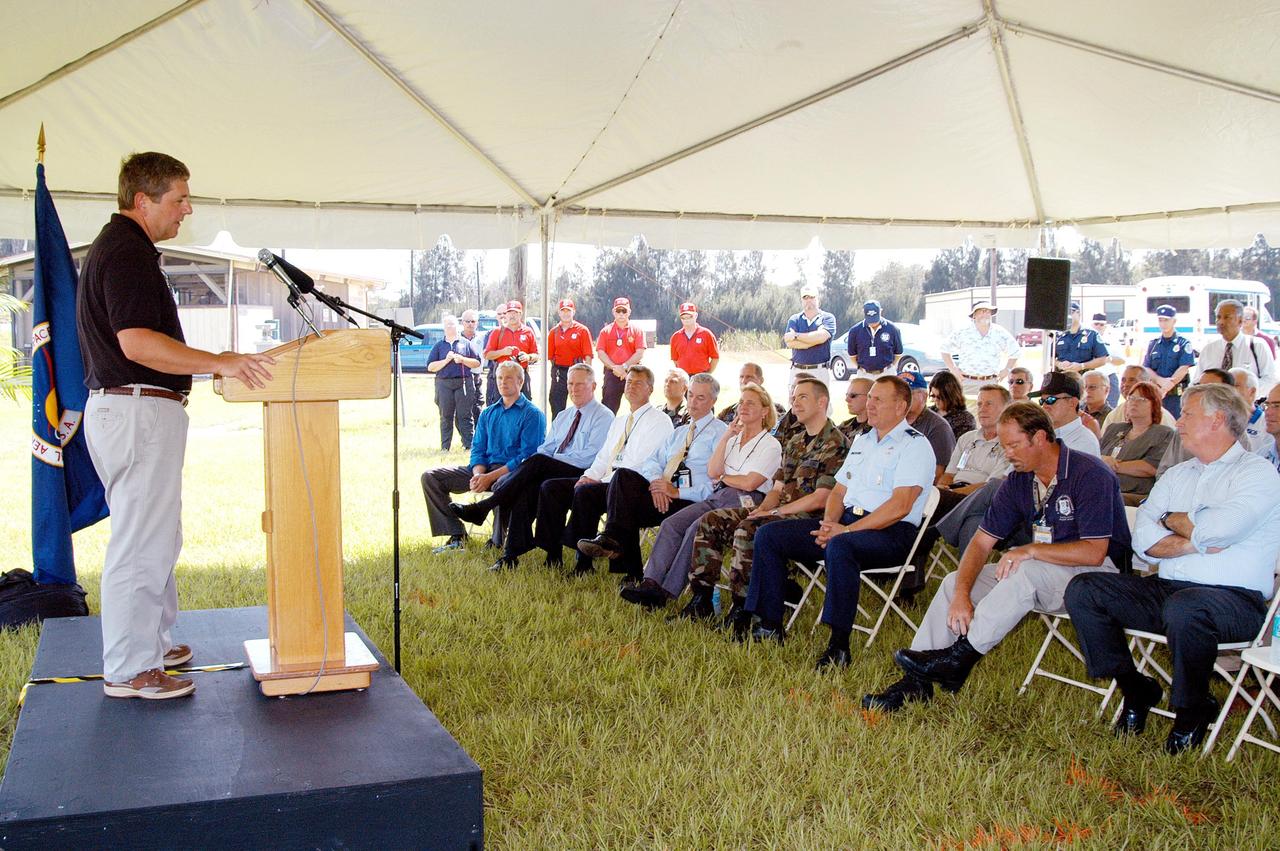 KENNEDY SPACE CENTER, FLA. - Dave Saleeba, assistant administrator with the Office of Security Management and Safeguards at NASA Headquarters, speaks to guests at the ribbon cutting for the Enhanced Firing Range on Schwartz Rd. at Kennedy Space Center.  NASA’s Federal Law Enforcement Training Academy’s firing range has been upgraded to include a “rifle-grade” shoot house, a portable, tactical “shoot-back” trailer for cover and concealment drills, automated running targets and a new classroom facility.  They are added to the existing three firearms ranges, “pistol-grade” shoot house, obstacle course and rappel tower.   NASA’s Security Management and Safeguards Office funded the enhancements in order to improve ability to train the KSC security force and to support local, state and federal law enforcement agencies in Homeland Security.