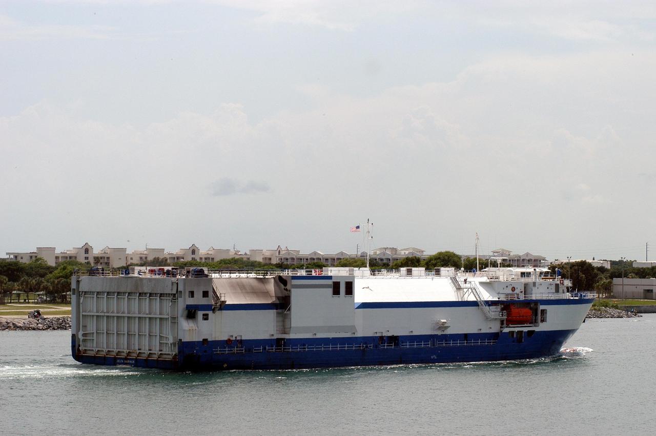 KENNEDY SPACE CENTER, FLA. - Two Boeing Delta IV first stages are being shipped on the Delta Mariner, heading for Cape Canaveral Air Force Station.  After arrival at Port Canaveral, they will be transported to the Horizontal Integration Facility at Launch Complex 37, CCAFS. The rocket will be used for the December launching of the GOES-N weather satellite for NASA and NOAA. The GOES-N is the first in a series of three advanced weather satellites including GOES-O and GOES-P. This satellite will provide continuous monitoring necessary for intensive data analysis. It will provide a constant vigil for the atmospheric “triggers” of severe weather conditions such as tornadoes, flash floods, hail storms and hurricanes. When these conditions develop, GOES-N will be able to monitor storm development and track their movements.