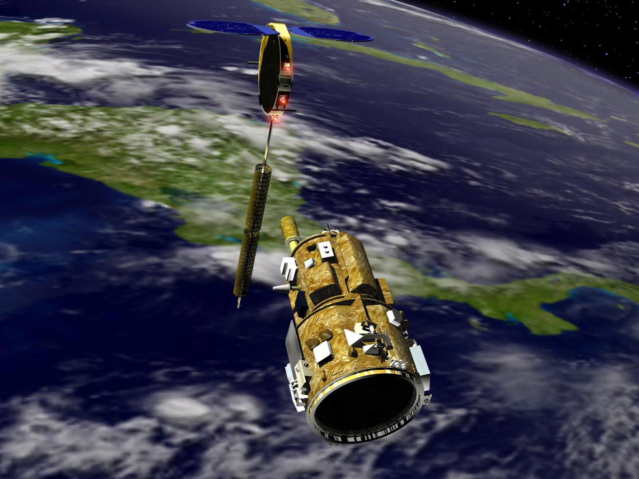 KENNEDY SPACE CENTER, FLA. - An artist’s conception of the autonomous Demonstration for Autonomous Rendezvous (DART) spacecraft as it approaches the Multiple Paths, Beyond-Line-of-Site Communications (MUBLCOM) satellite.  NASA is testing the DART as a docking system for next generation vehicles to guide spacecraft carrying cargo or equipment to the International Space Station, or retrieving or servicing satellites in orbit.  Before the new system can be implemented on piloted spacecraft, it has to be tested in space. The computer-guided DART is equipped with an Advanced Video Guidance Sensor and a Global Positioning System that can receive signals from other spacecraft to allow DART to move within 330 feet of the target. DART is scheduled to launch from Vandenberg Air Force Base in California no earlier than Oct. 18.  It will be released from a Pegasus XL launch vehicle carried aloft by an Orbital Sciences Corporation aircraft.  The fourth stage of the Pegasus rocket will remain attached as an integral part of the spacecraft, allowing it to maneuver in space.  Once in orbit, DART will race toward the target, the MUBLCOM satellite, for a rendezvous.