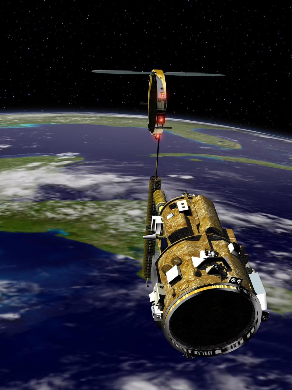 KENNEDY SPACE CENTER, FLA. - An artist’s conception of the autonomous Demonstration for Autonomous Rendezvous (DART) spacecraft as it approaches the Multiple Paths, Beyond-Line-of-Site Communications (MUBLCOM) satellite.  NASA is testing the DART as a docking system for next generation vehicles to guide spacecraft carrying cargo or equipment to the International Space Station, or retrieving or servicing satellites in orbit.  Before the new system can be implemented on piloted spacecraft, it has to be tested in space. The computer-guided DART is equipped with an Advanced Video Guidance Sensor and a Global Positioning System that can receive signals from other spacecraft to allow DART to move within 330 feet of the target. DART is scheduled to launch from Vandenberg Air Force Base in California no earlier than Oct. 18.  It will be released from a Pegasus XL launch vehicle carried aloft by an Orbital Sciences Corporation aircraft.  The fourth stage of the Pegasus rocket will remain attached as an integral part of the spacecraft, allowing it to maneuver in space.  Once in orbit, DART will race toward the target, the MUBLCOM satellite, for a rendezvous.