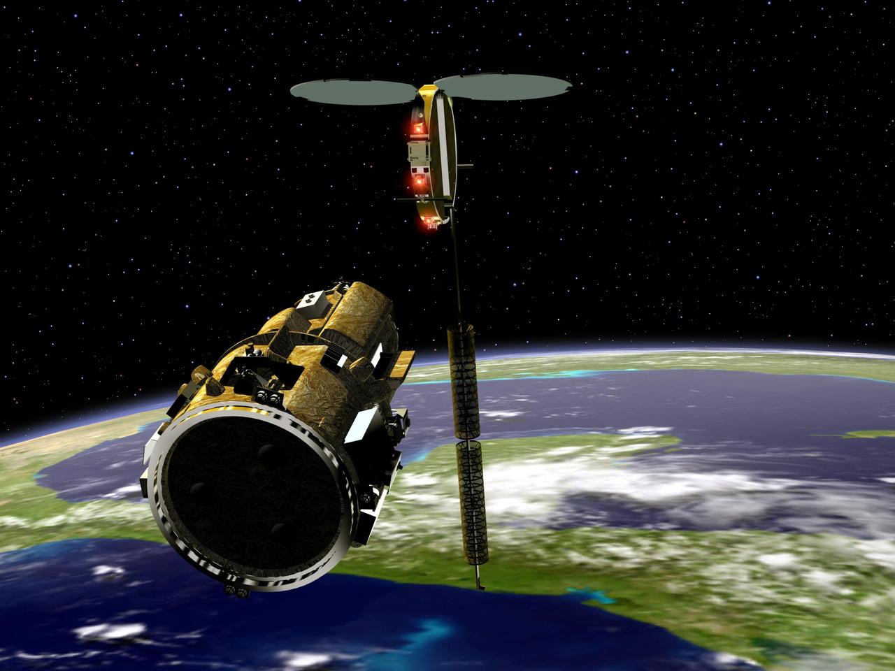 KENNEDY SPACE CENTER, FLA. - An artist’s conception of the autonomous Demonstration for Autonomous Rendezvous (DART) spacecraft as it approaches the Multiple Paths, Beyond-Line-of-Site Communications (MUBLCOM) satellite.  NASA is testing the DART as a docking system for next generation vehicles to guide spacecraft carrying cargo or equipment to the International Space Station, or retrieving or servicing satellites in orbit.  Before the new system can be implemented on piloted spacecraft, it has to be tested in space. The computer-guided DART is equipped with an Advanced Video Guidance Sensor and a Global Positioning System that can receive signals from other spacecraft to allow DART to move within 330 feet of the target. DART is scheduled to launch from Vandenberg Air Force Base in California no earlier than Oct. 18.  It will be released from a Pegasus XL launch vehicle carried aloft by an Orbital Sciences Corporation aircraft.  The fourth stage of the Pegasus rocket will remain attached as an integral part of the spacecraft, allowing it to maneuver in space.  Once in orbit, DART will race toward the target, the MUBLCOM satellite, for a rendezvous.