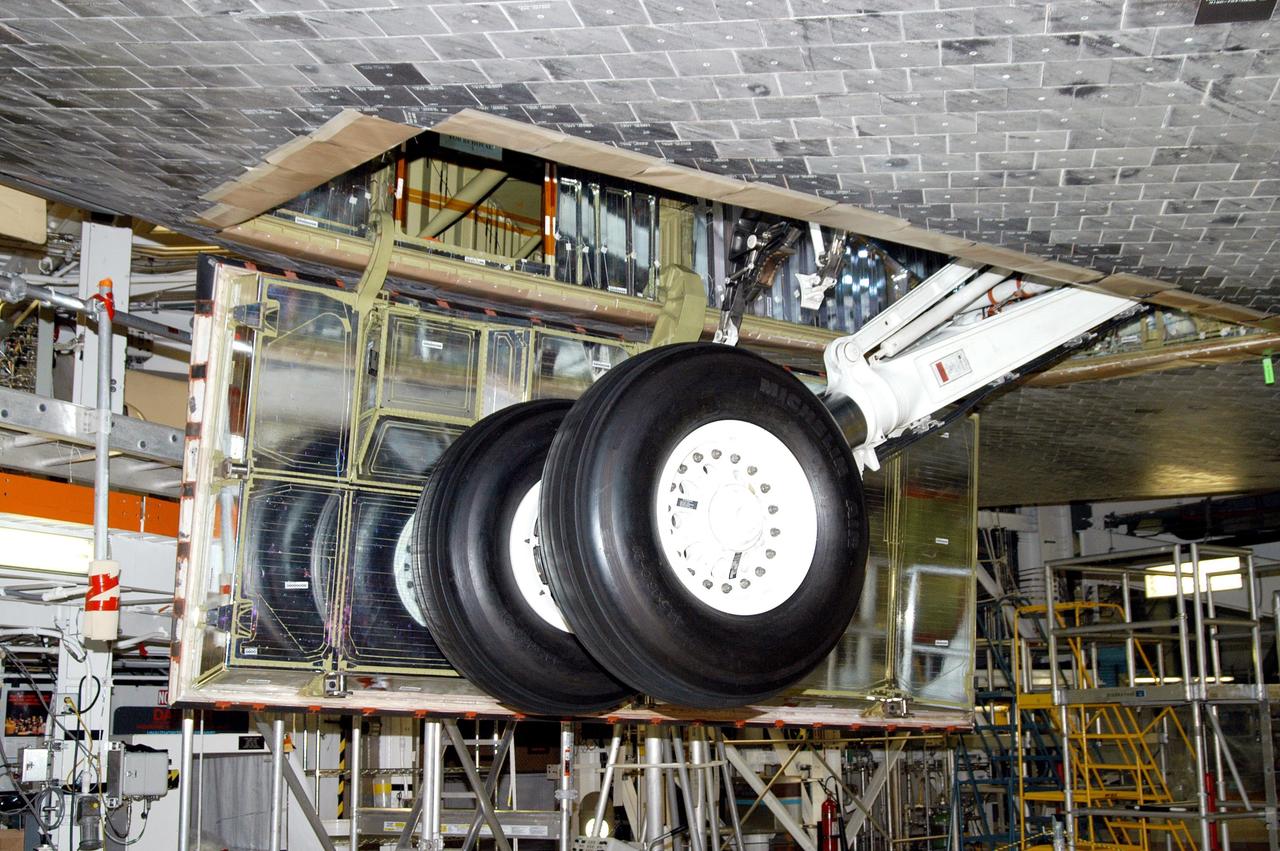 KENNEDY SPACE CENTER, FLA. - In the Orbiter Processing Facility, Atlantis’ wheels are raised into their wheel bays in preparation for the expected impact of Hurricane Frances on Saturday. Other preparations at KSC include powering down the Space Shuttle orbiters, and closing their payload bay doors. Workers are also taking precautions against flooding by moving spacecraft hardware off the ground and sandbagging facilities. The Orbiter Processing Facility is constructed of concrete and steel and was designed to withstand winds of 105 mph. The Vehicle Assembly Building is constructed of concrete and steel and was designed to withstand winds of 125 mph. Other payload and flight hardware support facilities can endure winds of 110 mph. Launch pads and the Payload Hazardous Servicing Facility can withstand 125-mph winds.