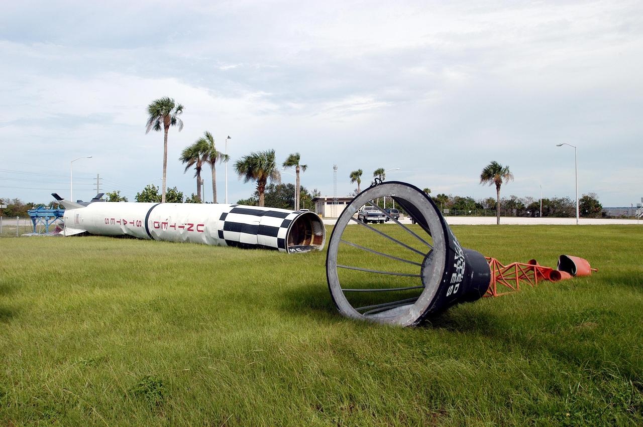 KENNEDY SPACE CENTER, FLA. -  A Mercury/Redstone rocket on display at the Pass and Identification Building at the entrance to Kennedy Space lies on its side following Hurricane Frances. The storm's path over Florida took it through Cape Canaveral and KSC property during Labor Day weekend.