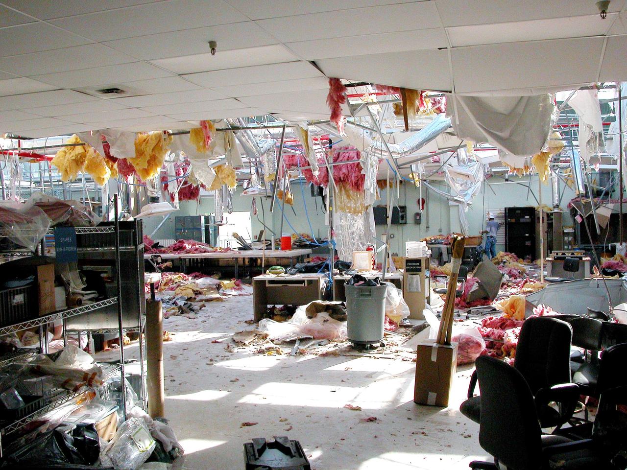 KENNEDY SPACE CENTER, FLA. -  The second floor of the Thermal Protection System Facility sustained significant damage from Hurricane Frances. The storm's path over Florida took it through Cape Canaveral and KSC property during Labor Day weekend. Located in Launch Complex 39, the facility is used to manufacture both internal and external insulation products for the Space Shuttle orbiters.