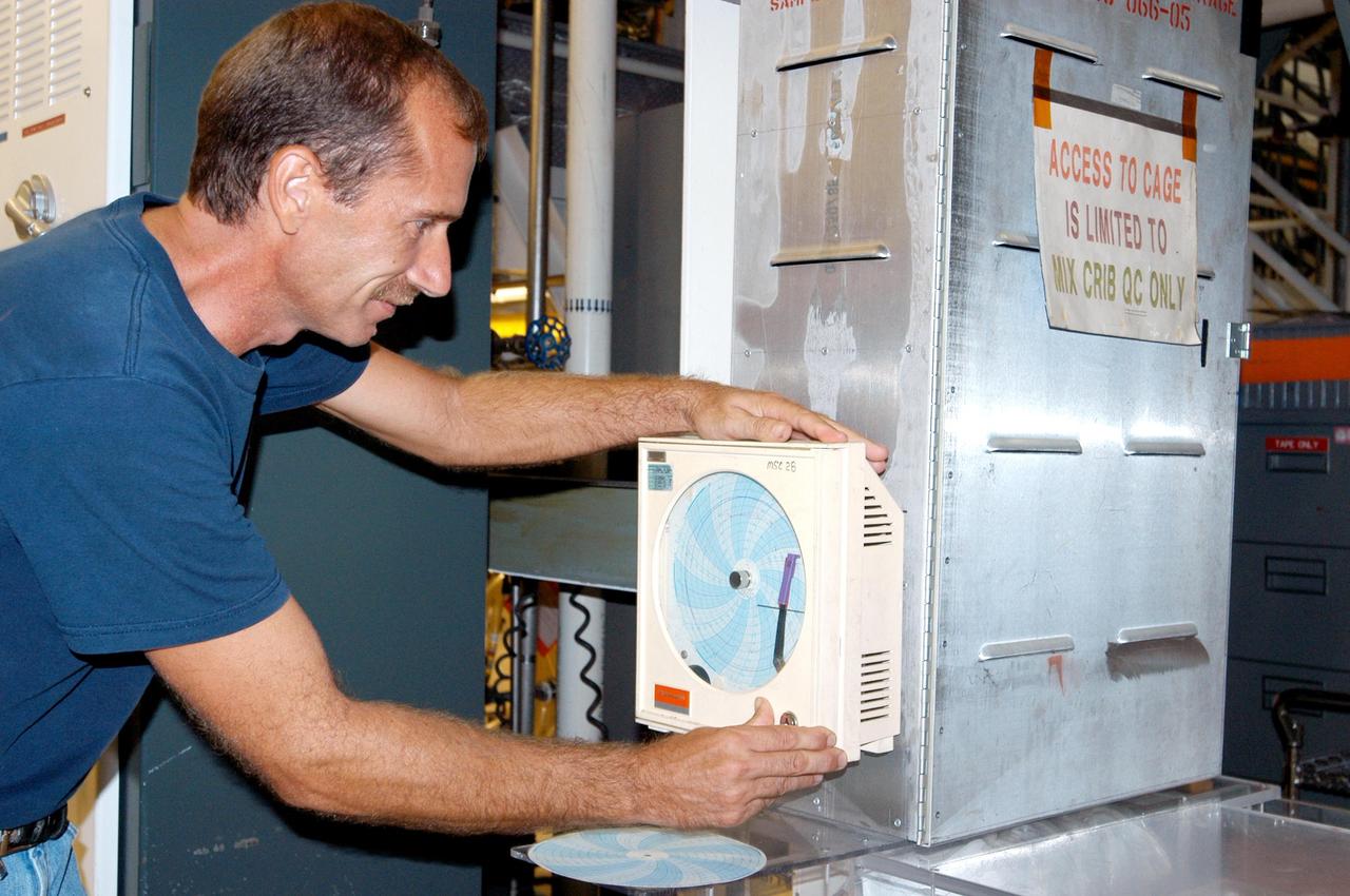 KENNEDY SPACE CENTER, FLA. -   United Space Alliance employee James Calloway changes out equipment in the temperature and humidity level recorder in the Orbiter Processing Facility following Hurricane Frances. The storm's path over Florida took it through Cape Canaveral and KSC property during Labor Day weekend.  There was no damage to the Space Shuttle orbiters or to any other flight hardware.