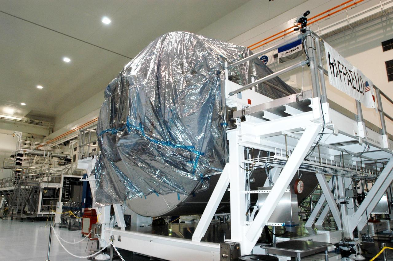 KENNEDY SPACE CENTER, FLA. -   In the Space Station Processing Facility, the Multi-Purpose Logistics Module Raffaello is dry and still covered following Hurricane Frances. The storm's path over Florida took it through Cape Canaveral and KSC property during Labor Day weekend.  There was no damage to the Space Shuttle orbiters or to any other flight hardware.