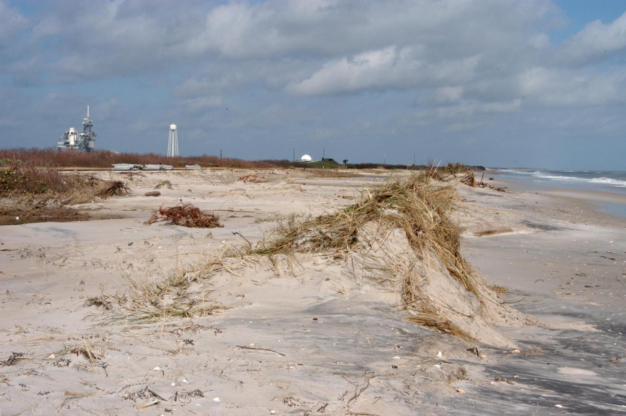 KENNEDY SPACE CENTER, FLA. - The category 3 Hurricane Jeanne barreled through Central Florida Sept. 25-26 from the southeast. This once-pristine beach east of the launch pads on KSC is now littered with debris from the dunes, at left, after assault by the storm surge and raging winds. Jeanne was the fourth hurricane in 6 weeks to batter the state.