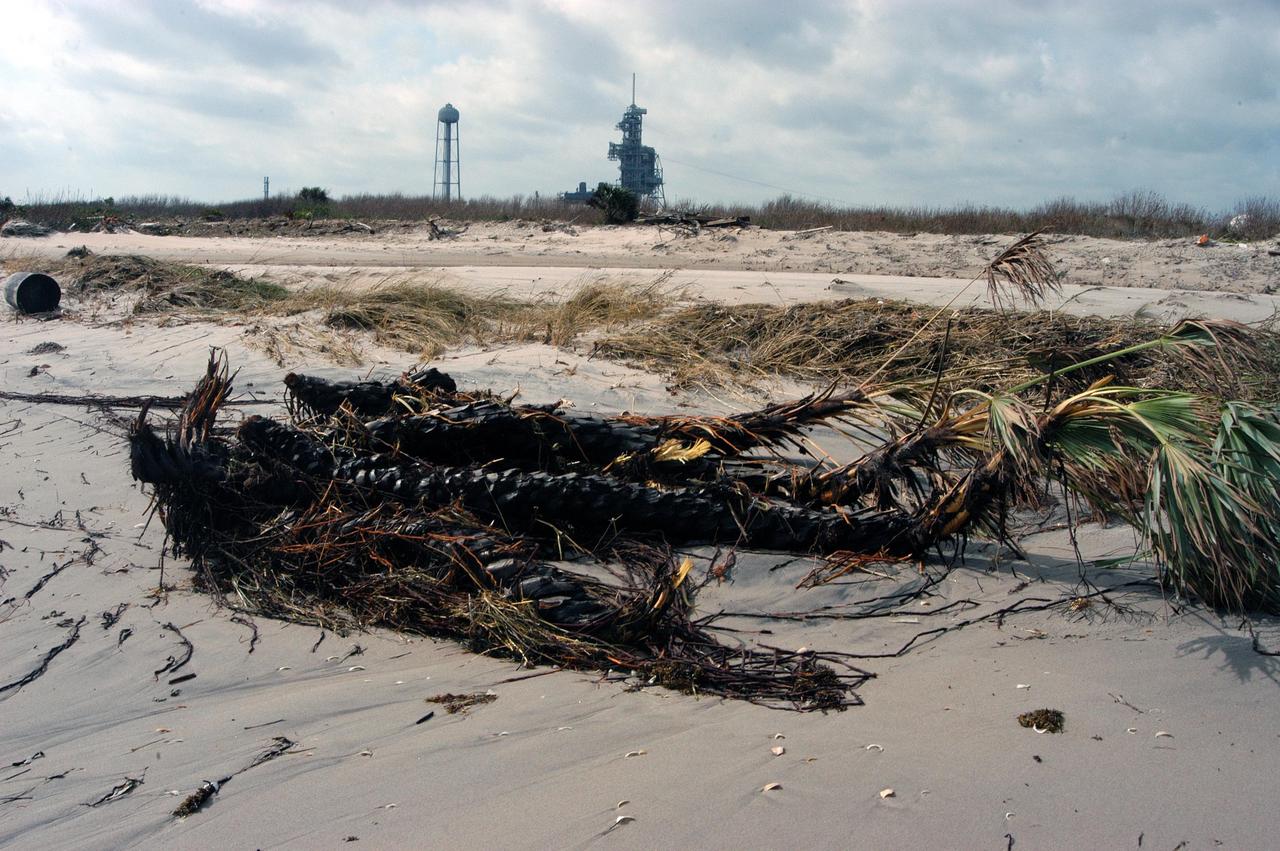 KENNEDY SPACE CENTER, FLA. - Palm trees and other debris litter the shoreline near Launch Pad 39A (in the background) following Hurricane Jeanne. The storm surge and category 3 winds battered the coastline, destroy dunes and beaches. Jeanne barreled through Central Florida Sept. 25-26, the fourth hurricane in 6 weeks to batter the state.