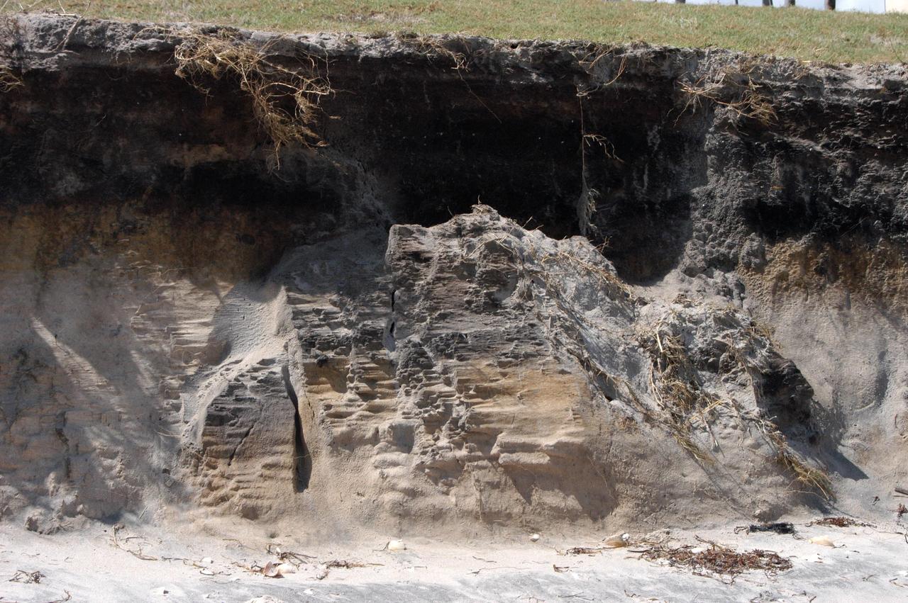 KENNEDY SPACE CENTER, FLA. - The storm surge and high winds of Hurricane Jeanne have replaced the rolling sand dunes on the KSC shoreline with cliffs of sand, shown here.  A category 3 storm, Jeanne barreled through Central Florida Sept. 25-26,  the fourth hurricane in 6 weeks to batter the state.