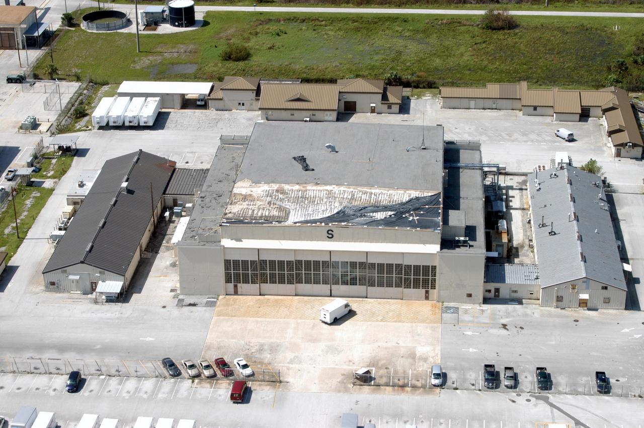 KENNEDY SPACE CENTER, FLA. - An aerial view of the damage to Hangar S at Cape Canaveral Air Force Station by Hurricane Jeanne.  A category 3 storm, Jeanne barreled through Central Florida Sept. 25-26,  the fourth hurricane in 6 weeks to batter the state.