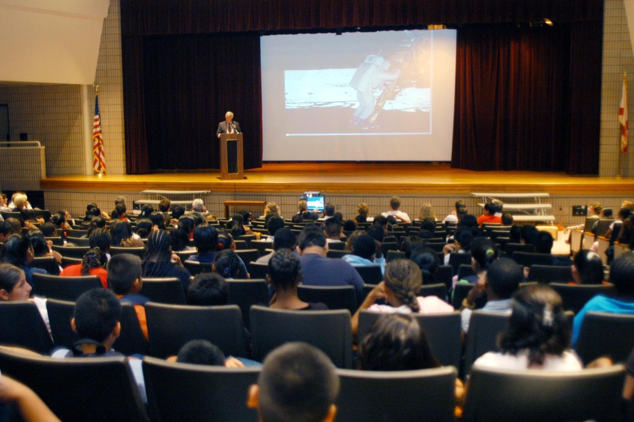 KENNEDY SPACE CENTER, FLA. -  At Immokalee High School in Naples, Fla., Center Director Jim Kennedy talks to students of Immokalee Middle School to share the vision for space exploration with the next generation of explorers.  Immokalee is part of NASA’s Explorer School (NES) Program and is teamed with Pine Ridge Middle School.  Kennedy  is talking about our destiny as explorers, NASA’s stepping stone approach to exploring Earth, the Moon, Mars and beyond, how space impacts our lives, and how people and machines rely on each other in space.  NES establishes a three-year partnership annually between NASA and 50 NASA Explorer Schools teams, consisting of teachers and education administrators from diverse communities nationwide.