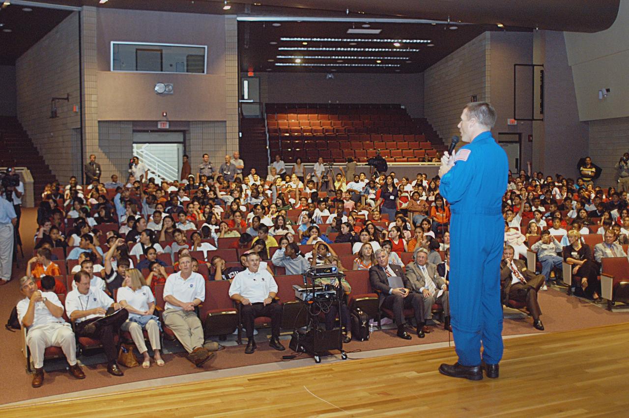 KENNEDY SPACE CENTER, FLA. -  Astronaut Terry Virts talks to students and staff of Immokalee Middle School in Naples, Fla., about what it takes for mission success and the importance of teamwork.  Virts accompanied Center Director Jim Kennedy on the visit to the school to share the vision for space exploration with the next generation of explorers. Immokalee is part of NASA’s Explorer School (NES) Program and is teamed with Pine Ridge Middle School.  Kennedy is talking with students about our destiny as explorers, NASA’s stepping stone approach to exploring Earth, the Moon, Mars and beyond, how space impacts our lives, and how people and machines rely on each other in space.  NES establishes a three-year partnership annually between NASA and 50 NASA Explorer Schools teams, consisting of teachers and education administrators from diverse communities nationwide.