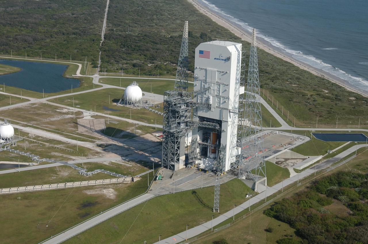 KENNEDY SPACE CENTER, FLA. -  A closeup aerial view of Launch Complex 37 at Cape Canaveral Air Force Station in Florida.  In the upper right corner can be seen the narrow beach and Atlantic Ocean.