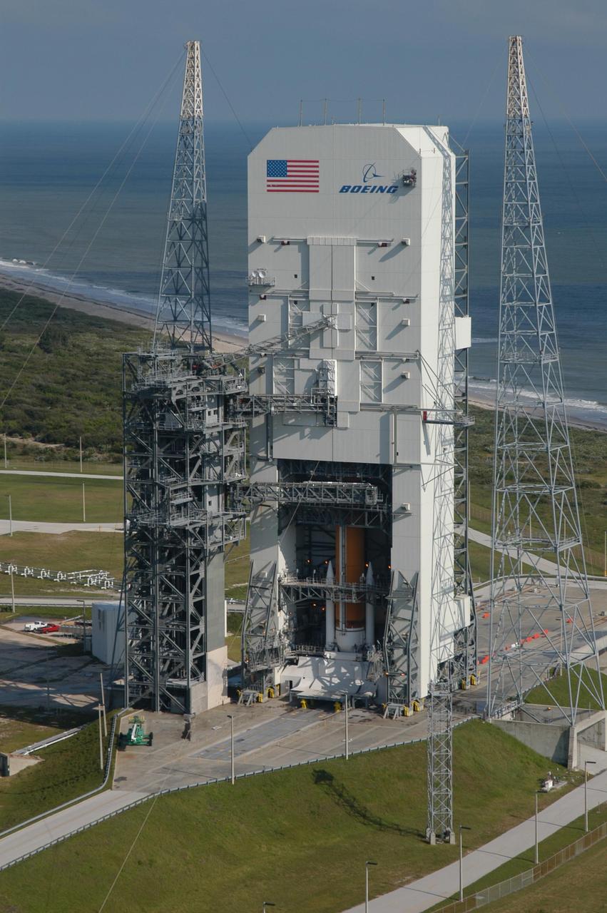 KENNEDY SPACE CENTER, FLA. -  A closeup aerial view of Launch Complex 37 at Cape Canaveral Air Force Station in Florida.  Behind it can be seen the narrow beach and Atlantic Ocean.