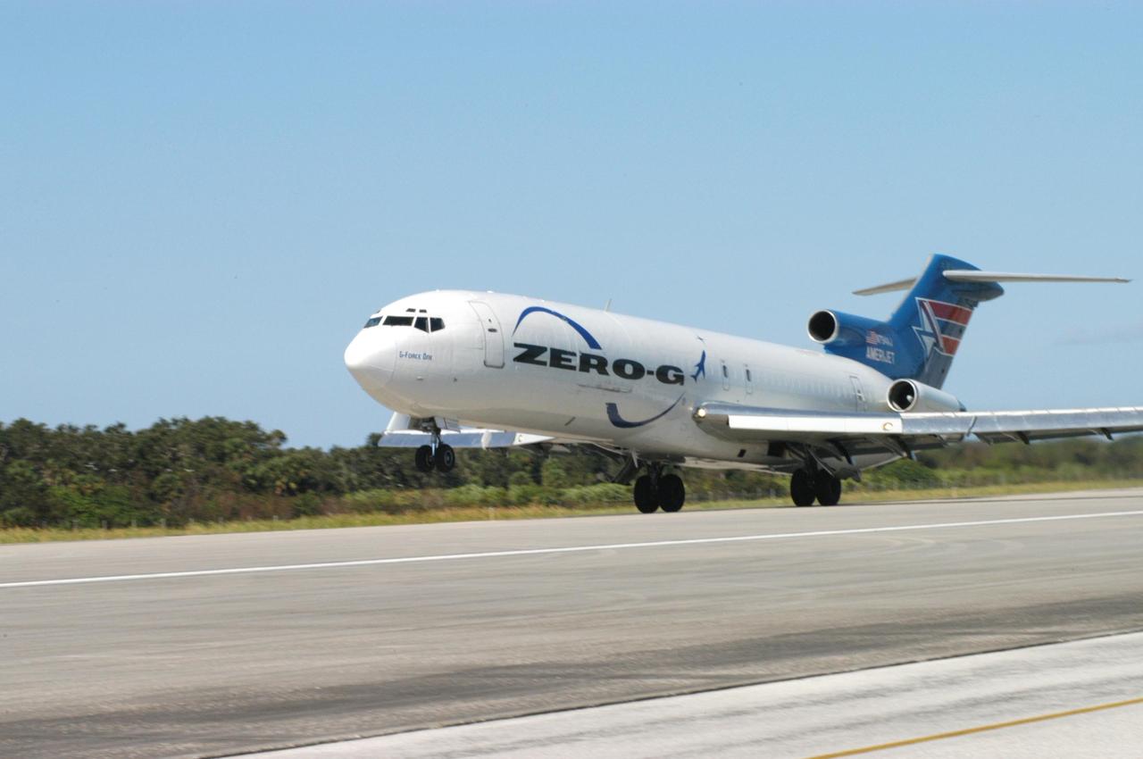 KENNEDY SPACE CENTER, FLA. -  The Boeing 727-200 aircraft used for weightless flights by Zero Gravity Corporation, known as ZERO-G, of Fort Lauderdale, Fla., takes off from Kennedy Space Center’s shuttle landing facility.  NASA and ZERO-G demonstrated Nov. 5 the expanded access to and use of the space shuttle's runway and landing facility at Kennedy Space Center for non-NASA activities.  The group of passengers, called "Flyers," were predominantly teachers who performed simple microgravity experiments they can share with their students back in the classroom.