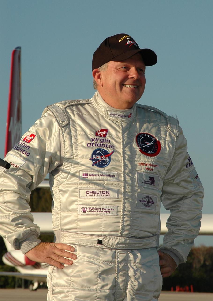 KENNEDY SPACE CENTER, FLA. -  Pilot Steve Fossett has landed the Virgin Atlantic Airways GlobalFlyer aircraft at NASA Kennedy Space Center’s Shuttle Landing Facility. The aircraft is being relocated from Salina, Kan., to the Shuttle Landing Facility to begin preparations for an attempt to set a new world record for the longest flight made by any aircraft. An exact takeoff date for the record-setting flight has not been determined and is contingent on weather and jet-stream conditions. The window for the attempt opens in mid-January, making the flight possible anytime between then and the end of February.  NASA agreed to let Virgin Atlantic Airways use Kennedy's Shuttle Landing Facility as a takeoff site. The facility use is part of a pilot program to expand runway access for non-NASA activities.