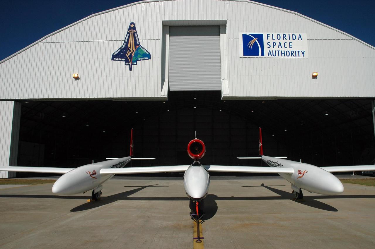 KENNEDY SPACE CENTER, FLA.  — The Virgin Atlantic GlobalFlyer aircraft is on display for employees at NASA's Kennedy Space Center, Fla.   Steve Fossett will pilot the GlobalFlyer on a record-breaking attempt by flying solo, non-stop without refueling, to surpass the current record for the longest flight of any aircraft. Final preparations are being made at Kennedy before taking off on its record-setting flight, as early as Feb. 1, from Kennedy's Space Shuttle Landing Facility.  Photo credit: NASA/Jim Grossmann