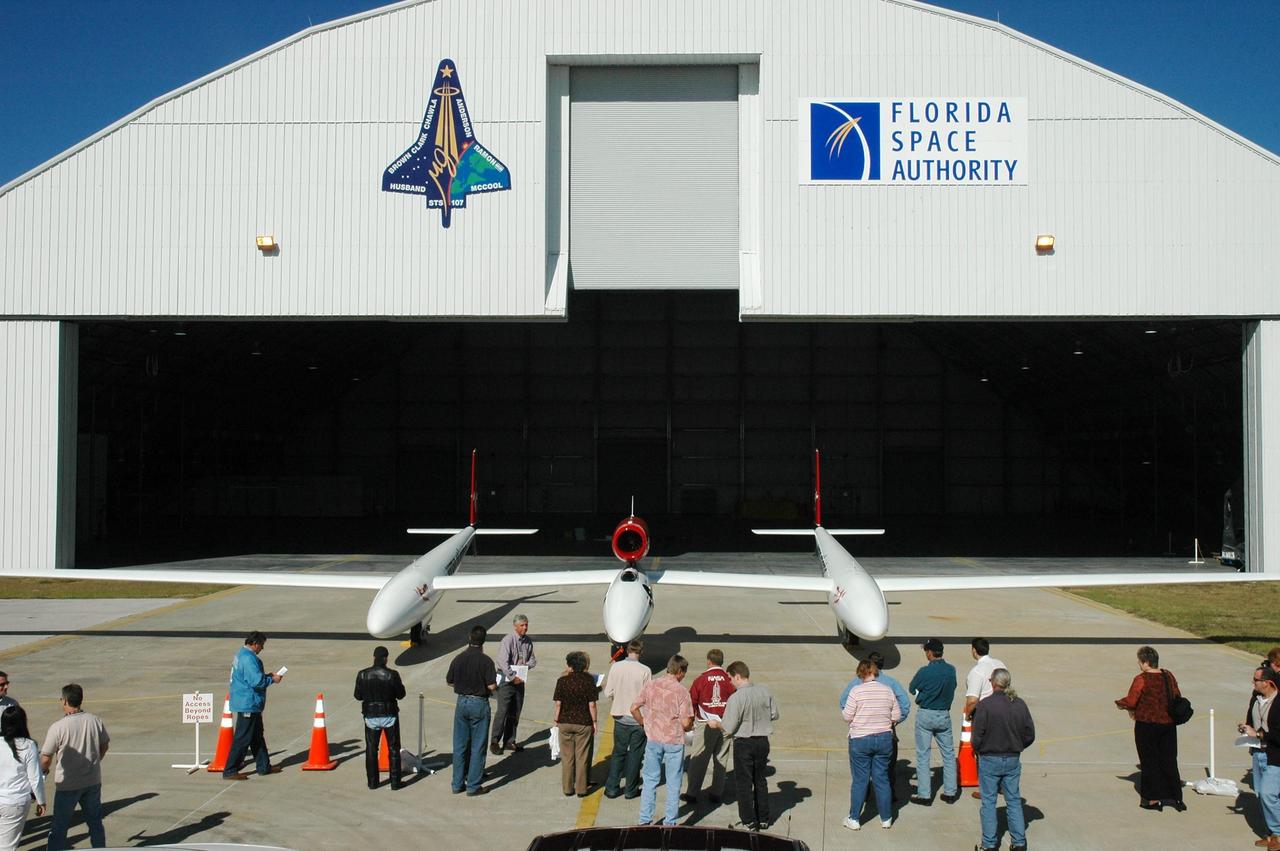 KENNEDY SPACE CENTER, FLA.  — The Virgin Atlantic GlobalFlyer aircraft is on display for employees at NASA's Kennedy Space Center, Fla.   Steve Fossett will pilot the GlobalFlyer on a record-breaking attempt by flying solo, non-stop without refueling, to surpass the current record for the longest flight of any aircraft. Final preparations are being made at Kennedy before taking off on its record-setting flight, as early as Feb. 1, from Kennedy's Space Shuttle Landing Facility.  Photo credit: NASA/Jim Grossmann